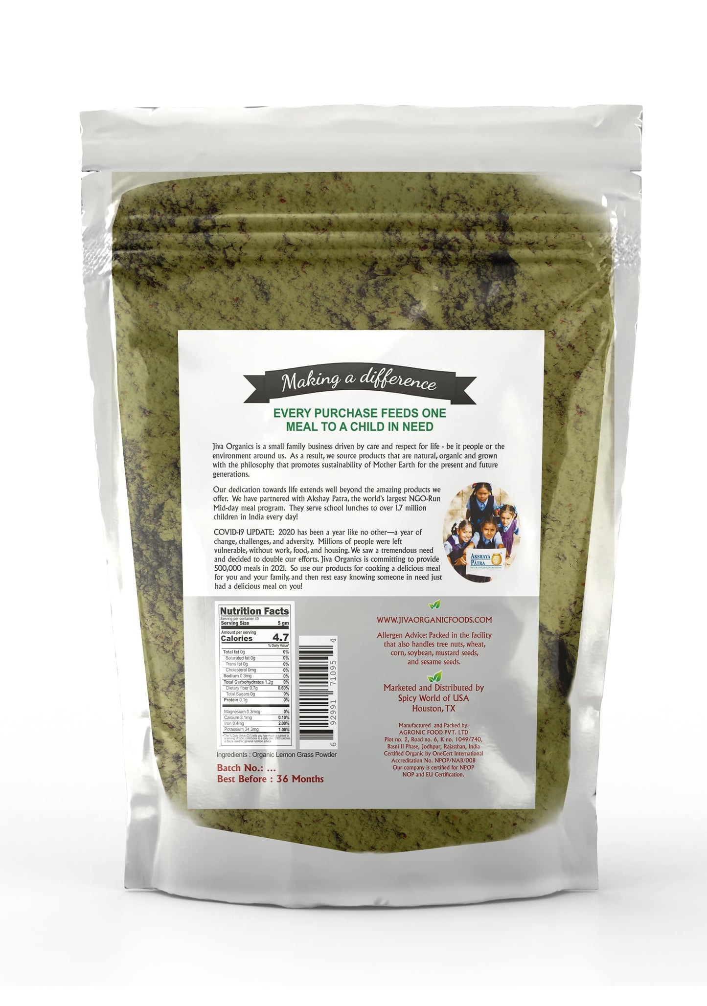 Jiva Organics Lemongrass Powder 200g (7 Oz) for Cooking - Non-GMO Herb