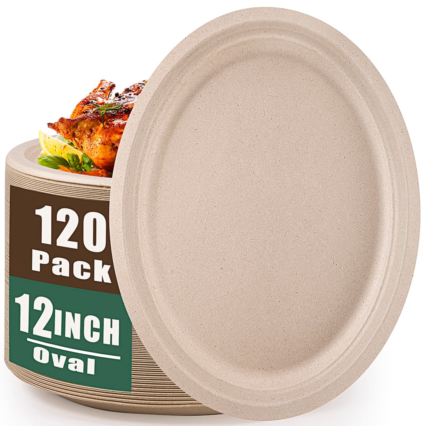 Vabrloy Oval Paper Plates, 120 Pack 12 inch, 100% Compostable, Heavy Duty, Biodegradable Sugarcane Plates for BBQ, Restaurant, Picnic, Party
