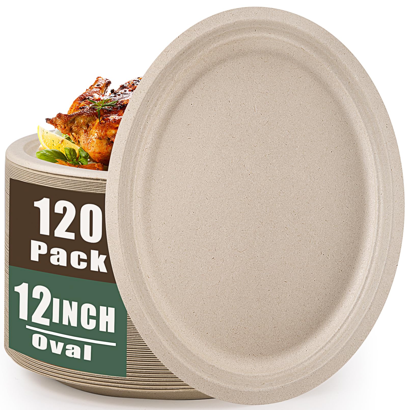 Vabrloy Oval Paper Plates, 120 Pack 12 inch, 100% Compostable, Heavy Duty, Biodegradable Sugarcane Plates for BBQ, Restaurant, Picnic, Party