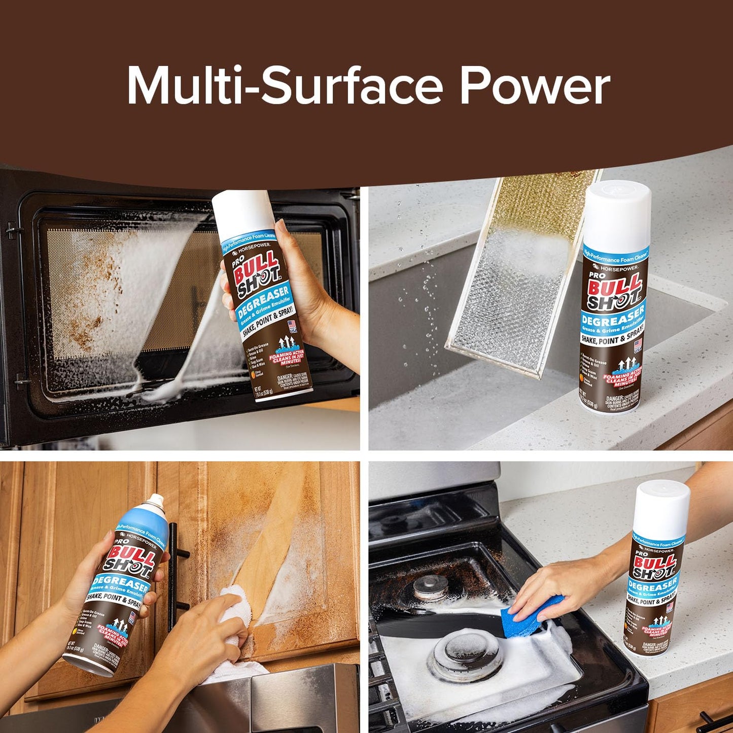 Bull Shot Degreaser Pro, Foaming Degreaser & Grime Remover, Heavy-Duty, AS SEEN ON TV, Residue-Free, Shake, Point & Spray, Emulsifies Grease, Oil