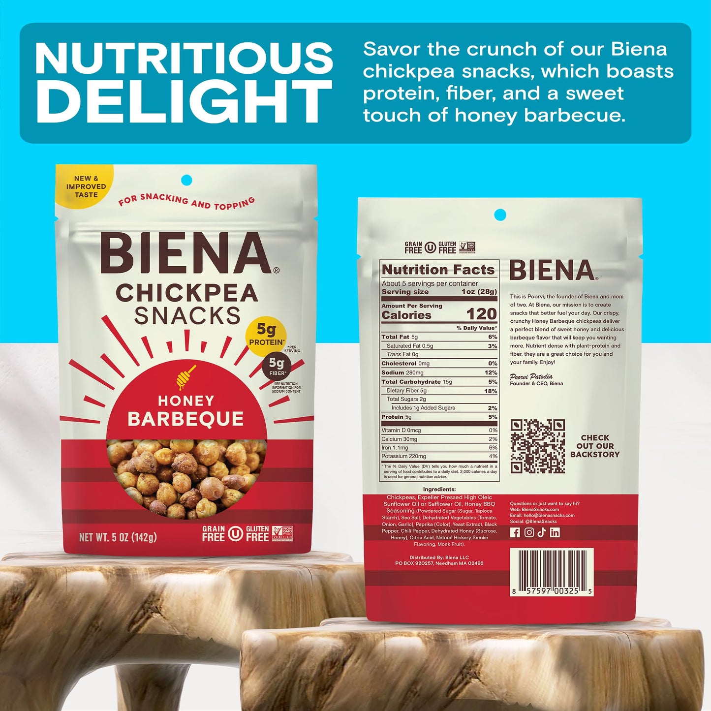 BIENA Chickpea Snacks - Crunchy Roasted Chickpeas - High Fiber Protein Snacks for Adults and Kids - 4-Pack, 5 Ounce Bags - Barbecue