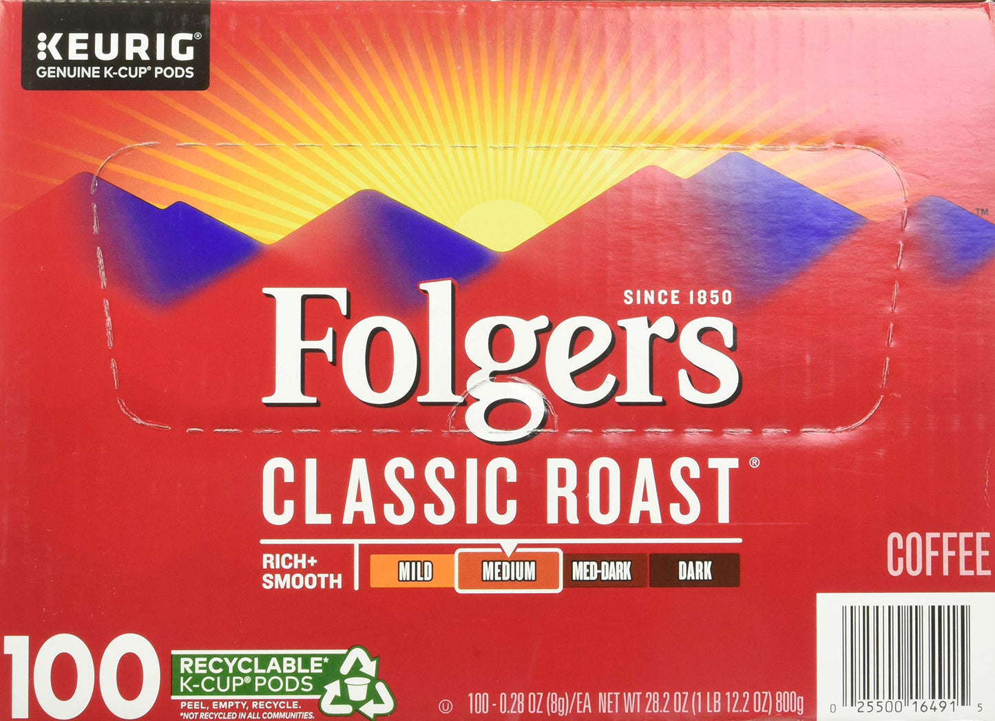 Folger's Medium Classic Roast Coffee 100 K Cup Pods/ 0.28 Ounce Net Wt 28.2 Ounce, Rich + Smooth, 28.2 Ounce