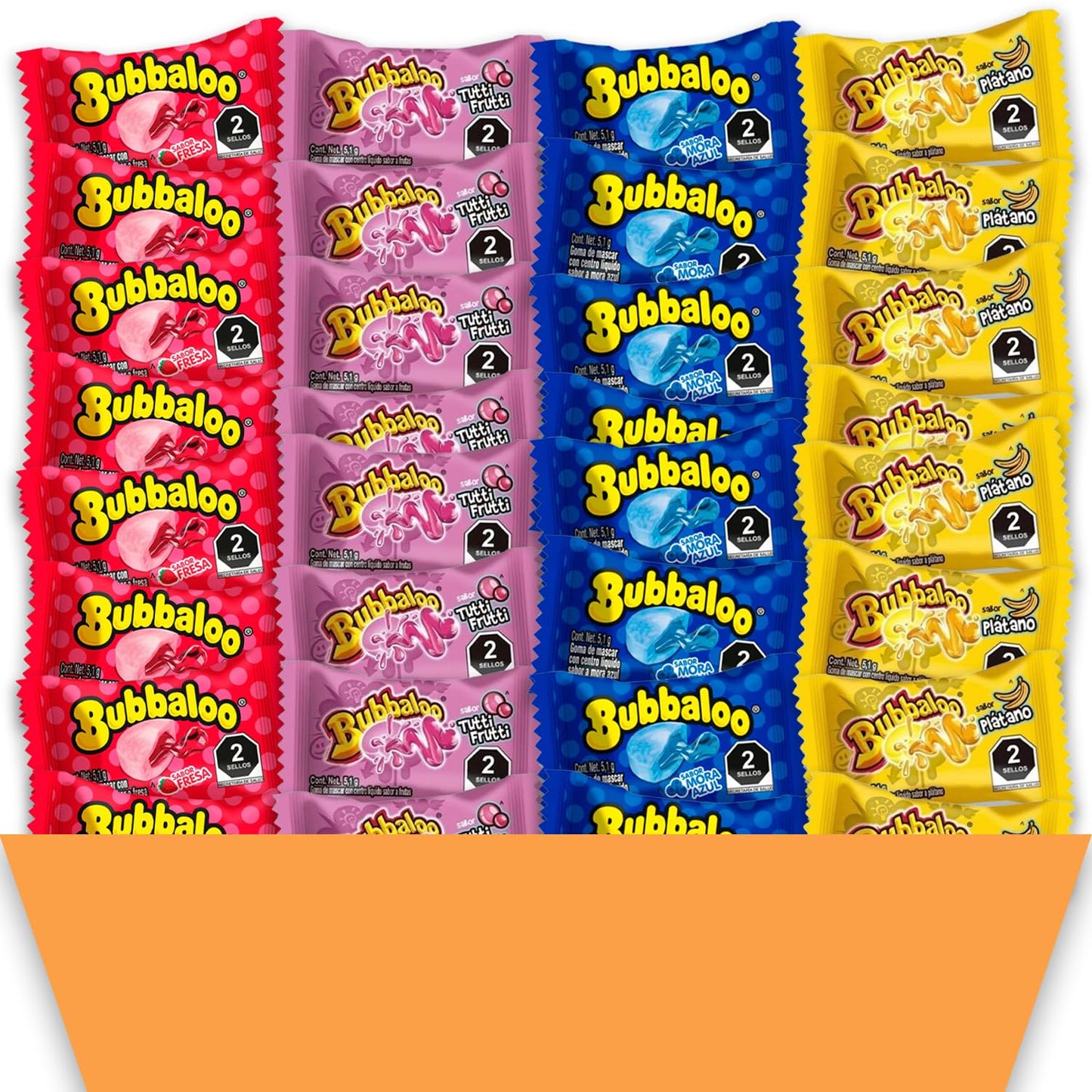 Bubbaloo Bubble Gum Mexican Chewing Gum Assortment | 200 Count Variety Bulk Pack | Strawberry, Banana, Tutti Frutti & Blueberry Juicy Center Bubble