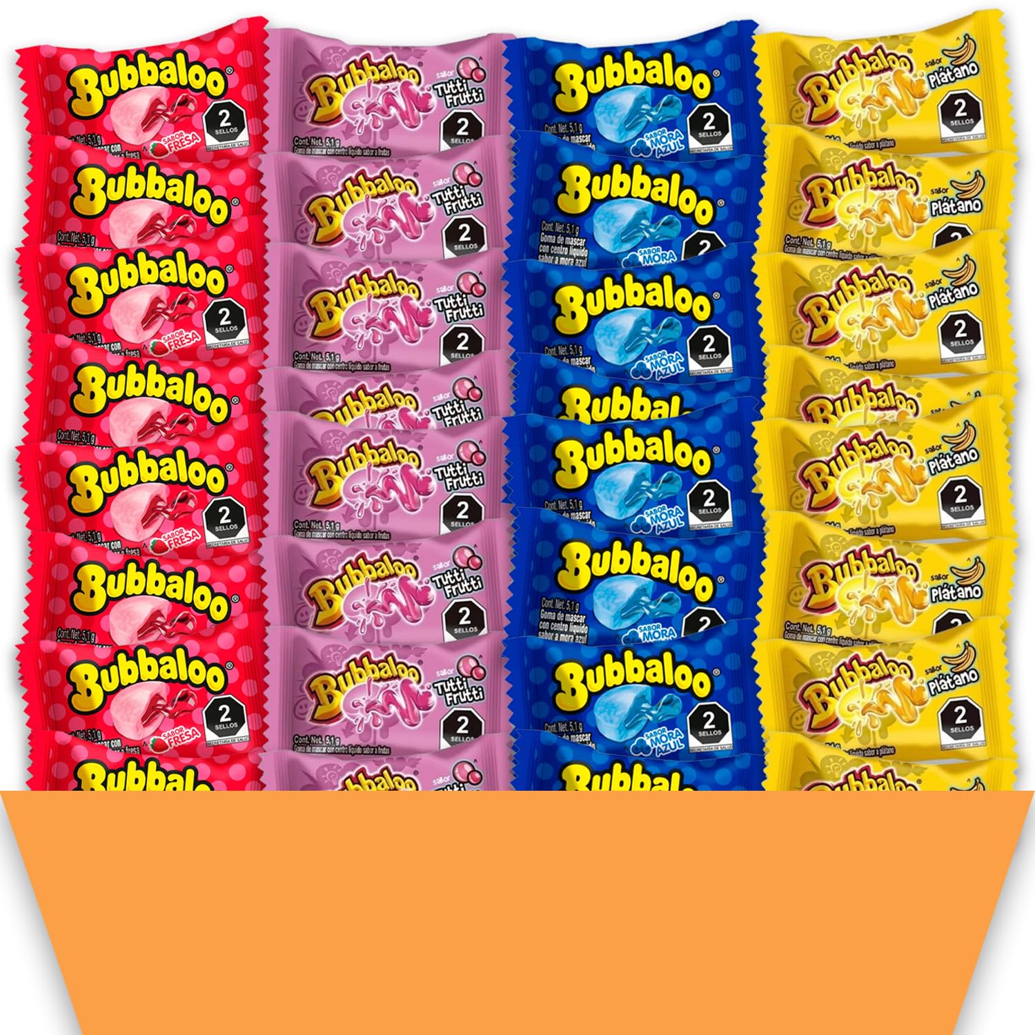 Bubbaloo Bubble Gum Mexican Chewing Gum Assortment | 200 Count Variety Bulk Pack | Strawberry, Banana, Tutti Frutti & Blueberry Juicy Center Bubble