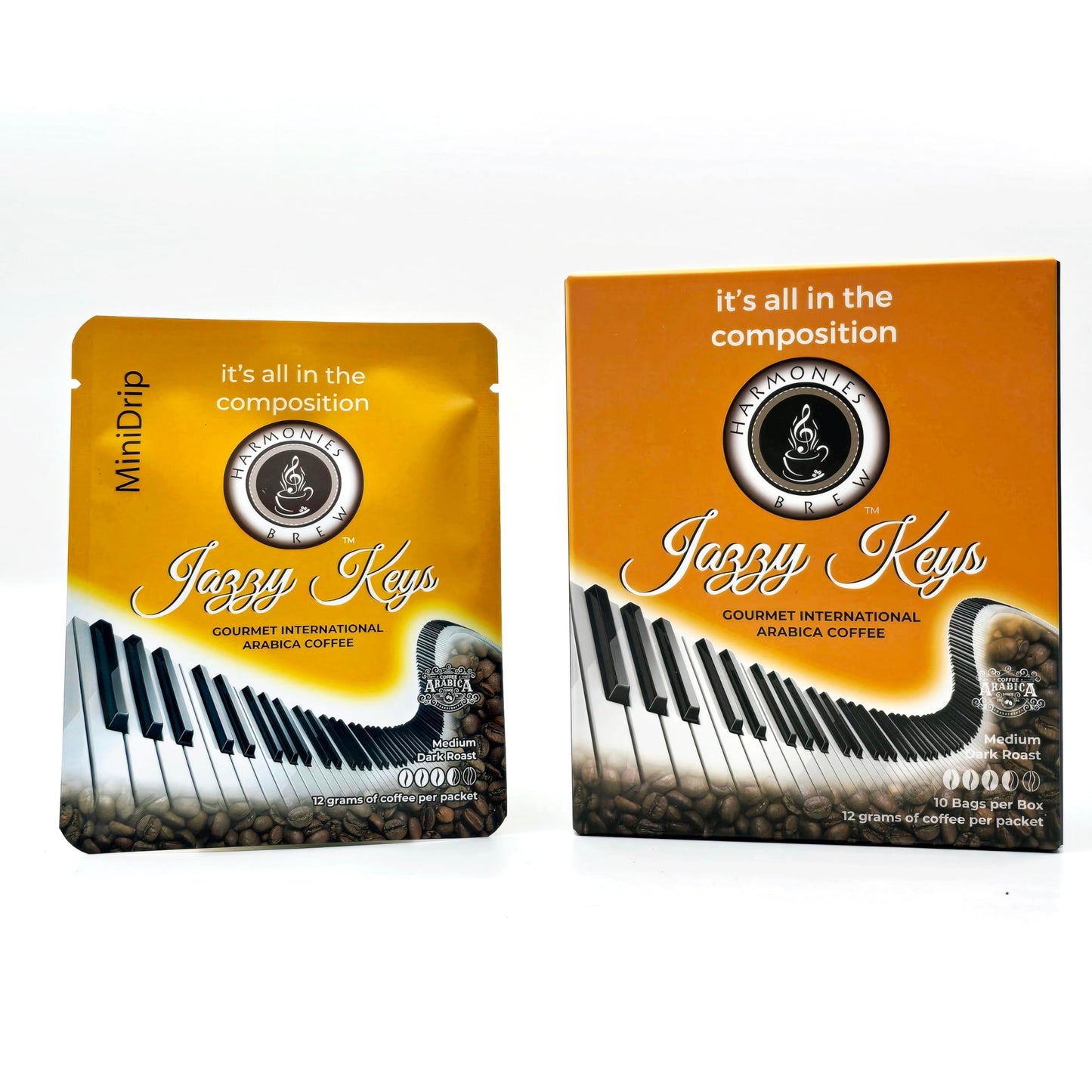 Harmonies Brew Jazzy Keys Box of Brew - 10 Pack Single Serve Pour Over Coffee, Certified Fairtrade, Organic Medium Dark Roast