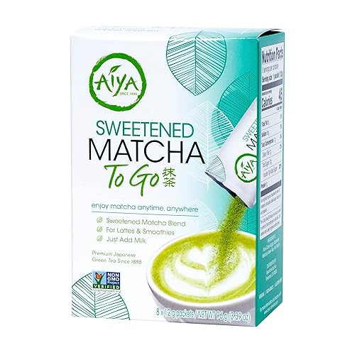 Aiya Japanese Sweetened Matcha Powder to Go Sticks - Ceremonial Grade, Vegan-Friendly, Gluten-Free - 8 Individually Packed Single-Serving Sticks