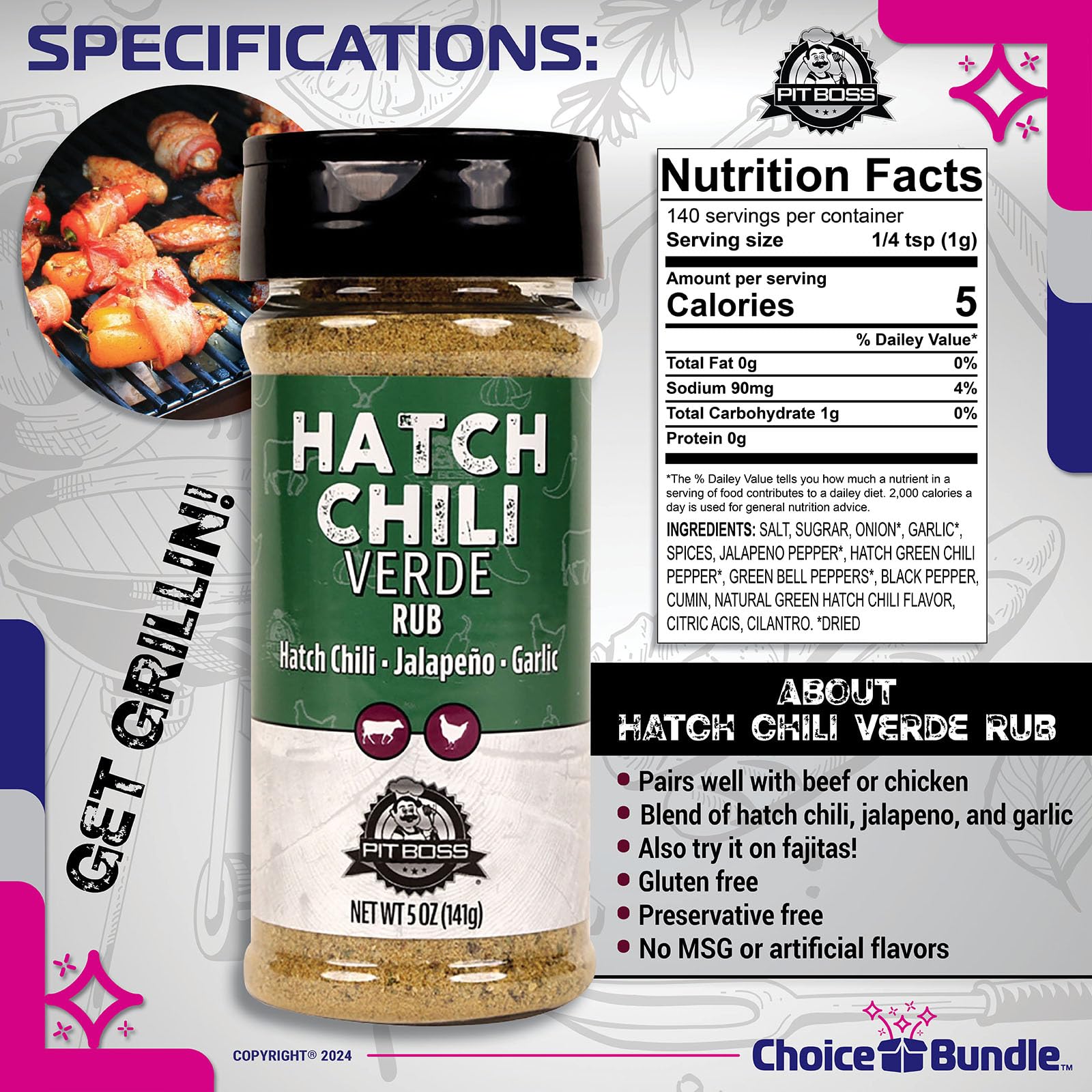 Pit Boss Hatch Chili Verde Premium Barbecue Mixed Seasoning Spice & 4 pk Choice Bundle (20 oz) + Guide & Keychain Bottle Opener (6 Items)!