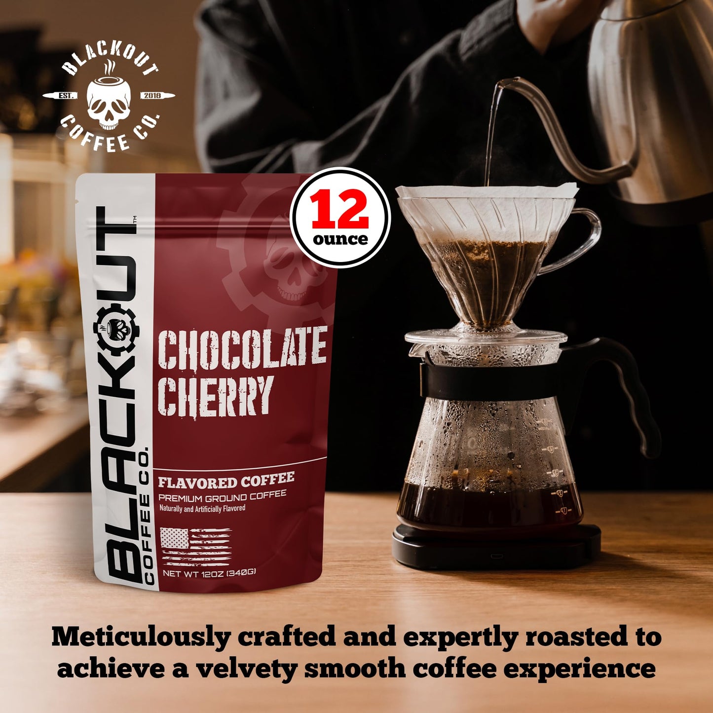 Blackout Coffee Chocolate Cherry Flavored Ground Coffee - Medium Roast, Smooth Taste, Guilt-Free Indulgence - Freshly Roasted 12oz Pouch.