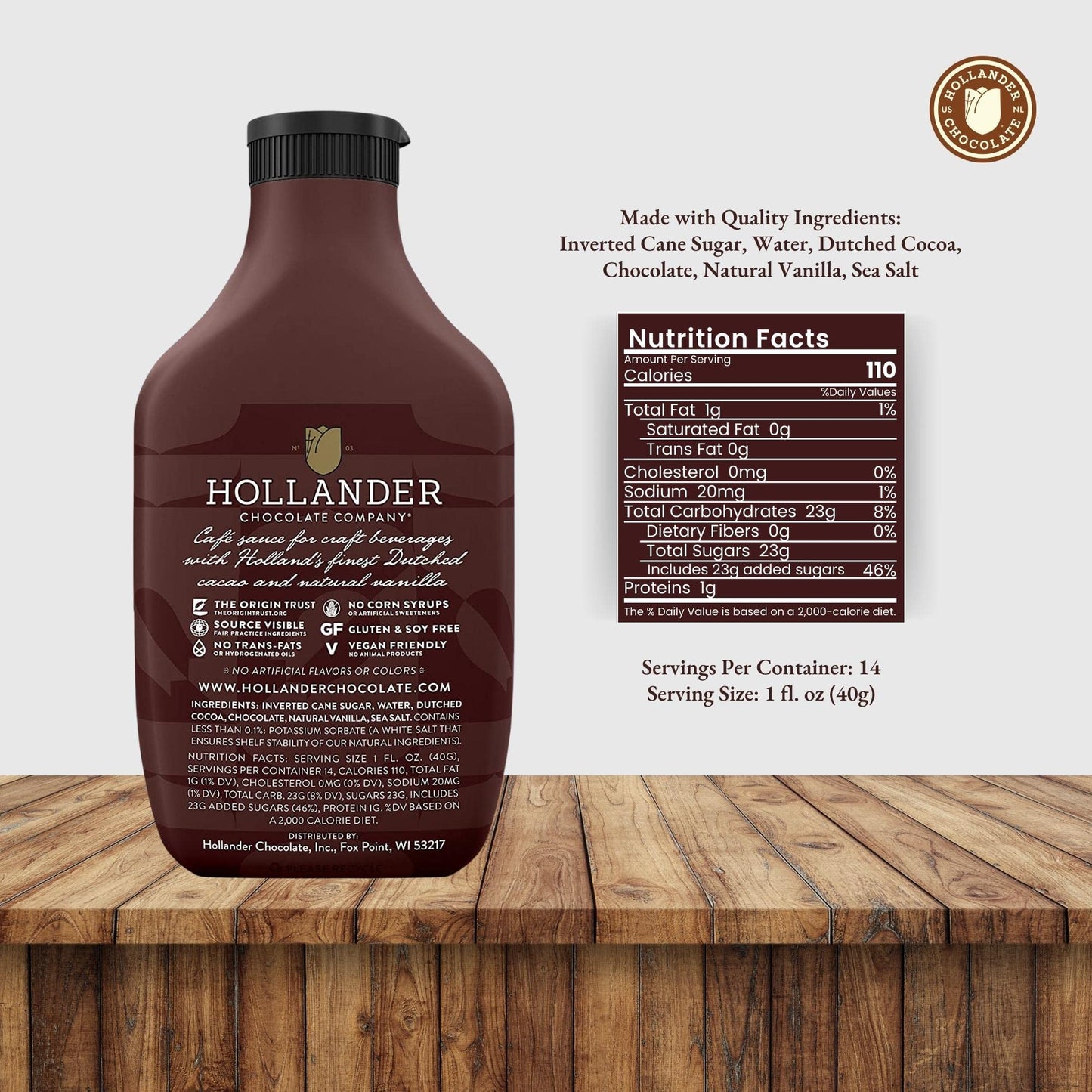 Hollander Dutched Chocolate Cafe Sauce | Vegan Friendly, GMO-Free, Gluten/Soy Free, Corn Syrup Free | 15 fl. oz. Squeeze Bottle