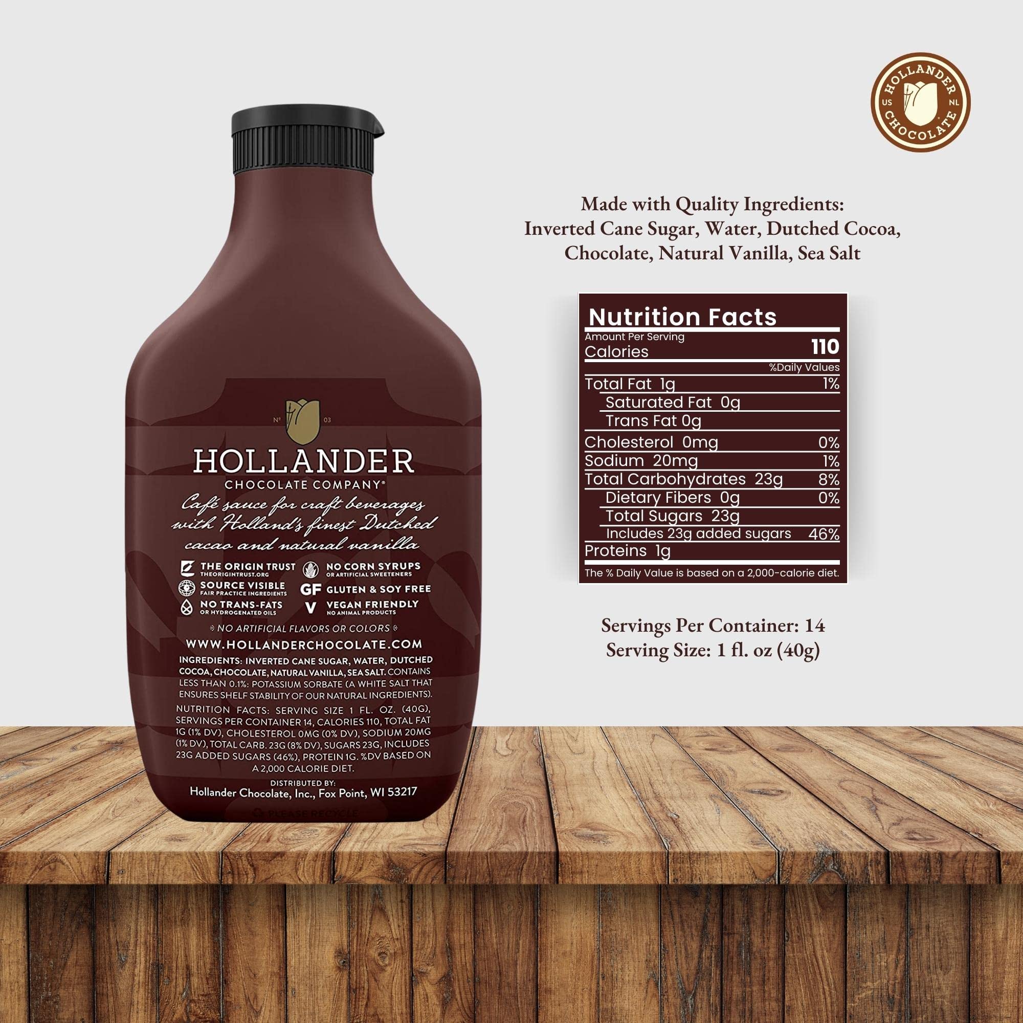 Hollander Dutched Chocolate Cafe Sauce | Vegan Friendly, GMO-Free, Gluten/Soy Free, Corn Syrup Free | 15 fl. oz. Squeeze Bottle
