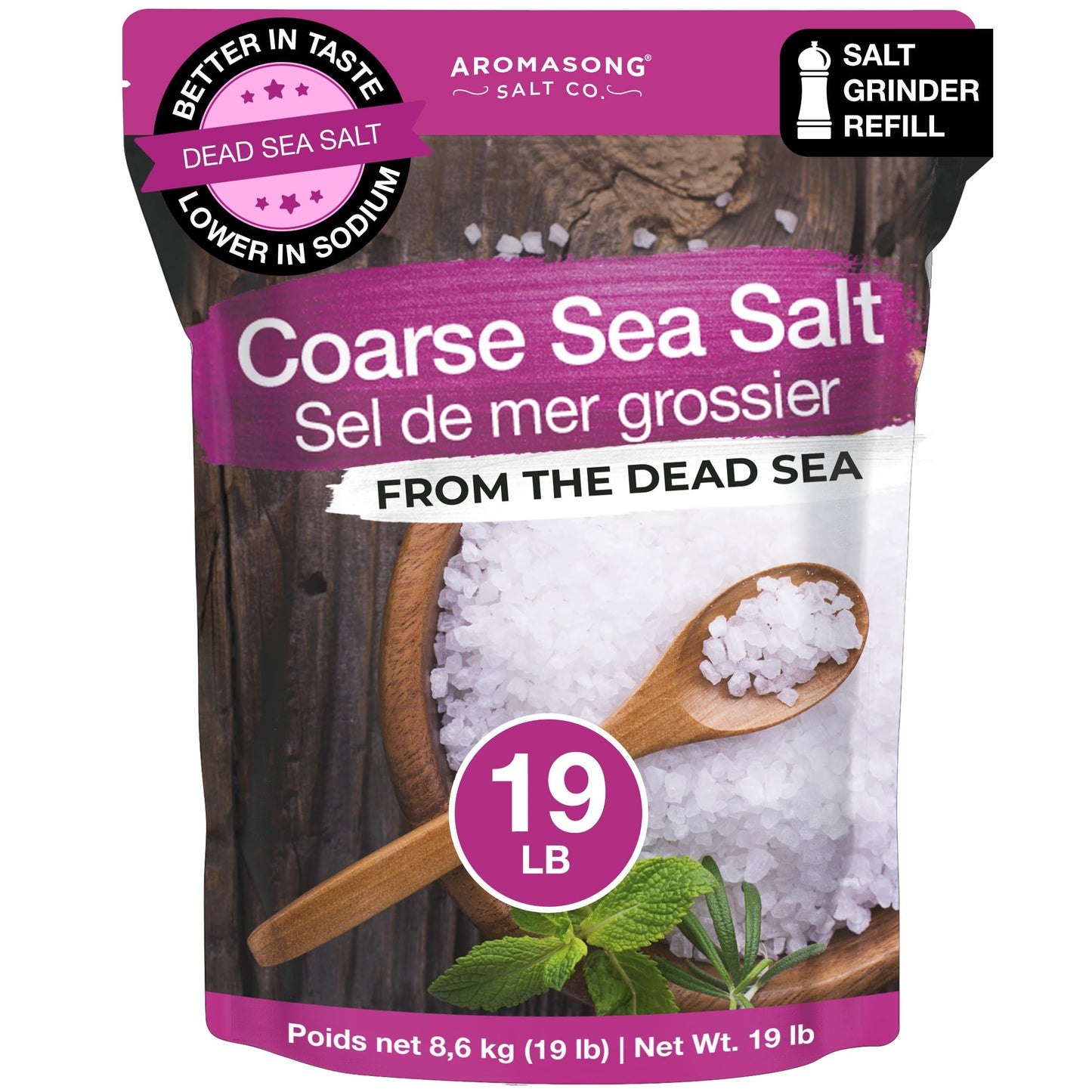 Aromasong 100% Natural Sea Salt Bulk Food Grade 19 Lb, Coarse Grain, Large Resealable Bag, Pure Gluten Free Unrefined Dead Sea Salt - Grinder Refill