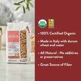 DeLallo Whole Wheat Orzo Pasta, 1 Pound Bag, Organic, Made with Only 100% Durum Wheat Flour, Made in Italy, Bronze Cut, Kosher, Non-GMO, All Natural