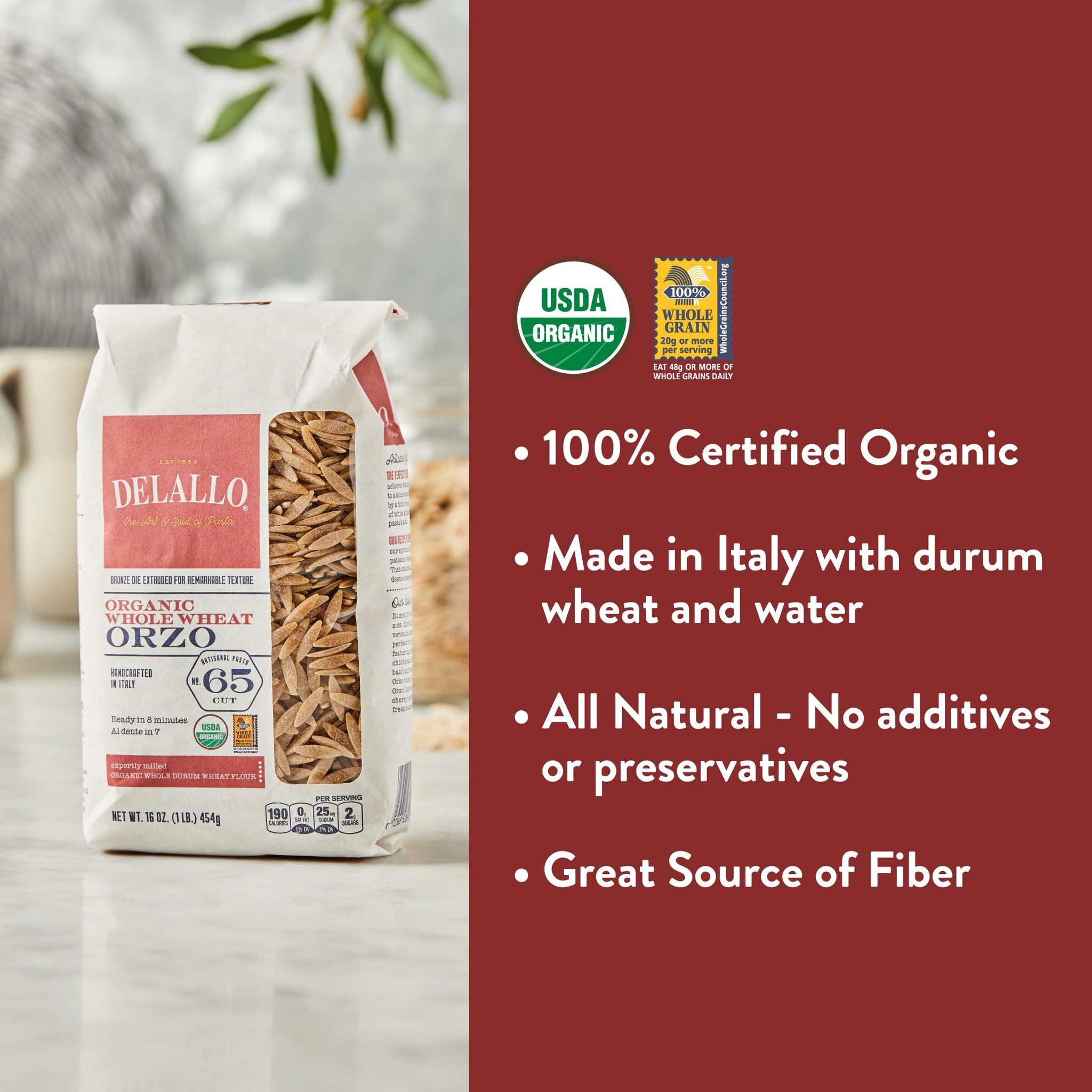 DeLallo Whole Wheat Orzo Pasta, 1 Pound Bag, Organic, Made with Only 100% Durum Wheat Flour, Made in Italy, Bronze Cut, Kosher, Non-GMO, All Natural
