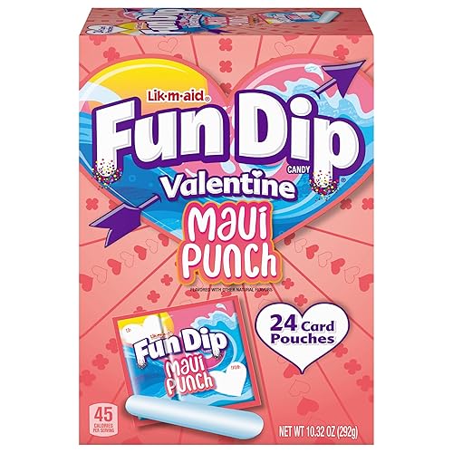 Lik-M-Aid Fun Dip Valentines Day Candy Friendship Exchange Maui Punch, 10.32 oz, 24 Pouches