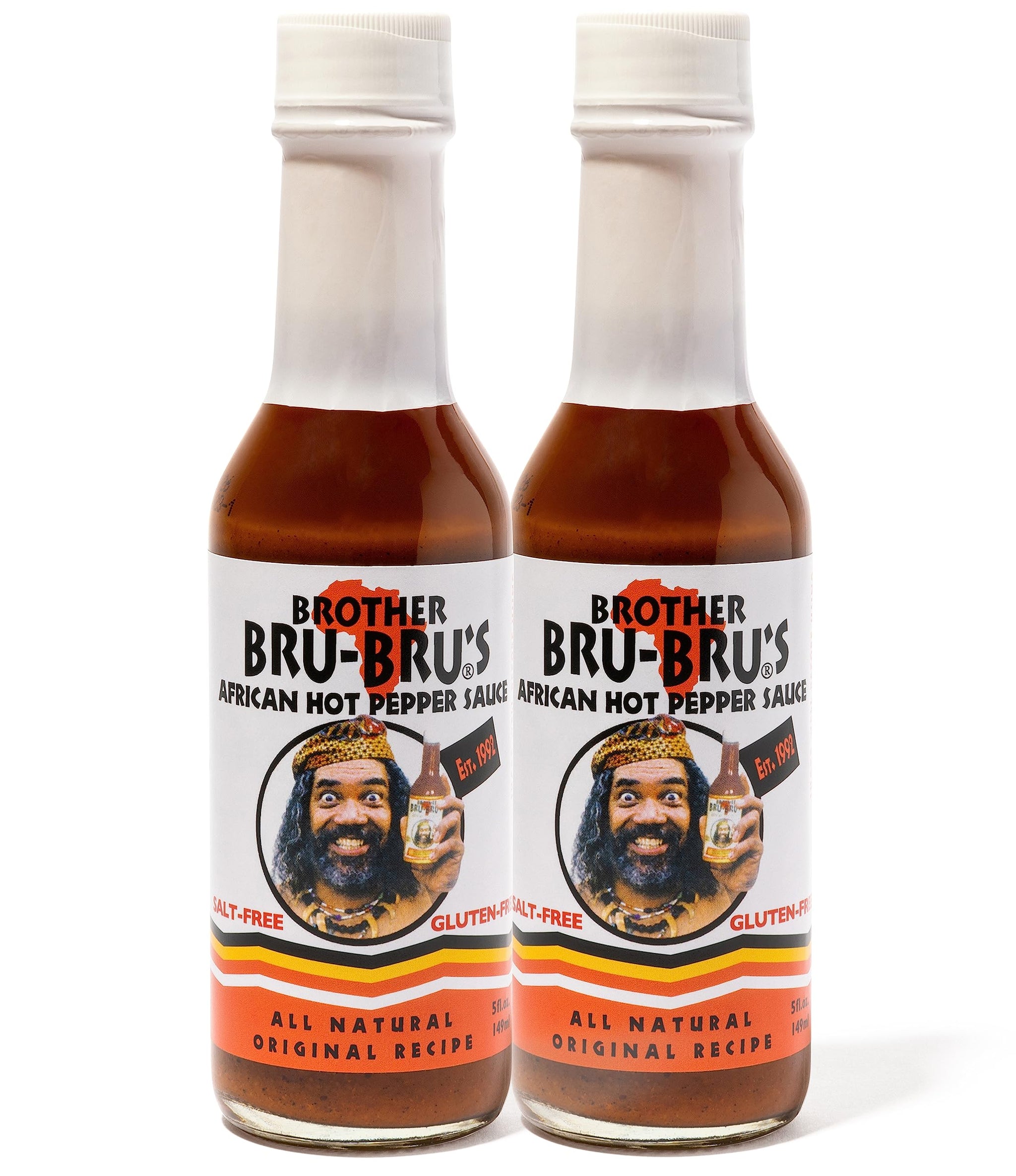 Brother Bru-Bru's African Hot Sauce - No Salt, No Sugar, Vegan - Habanero & African Spices - 5 oz (Pack of 2)