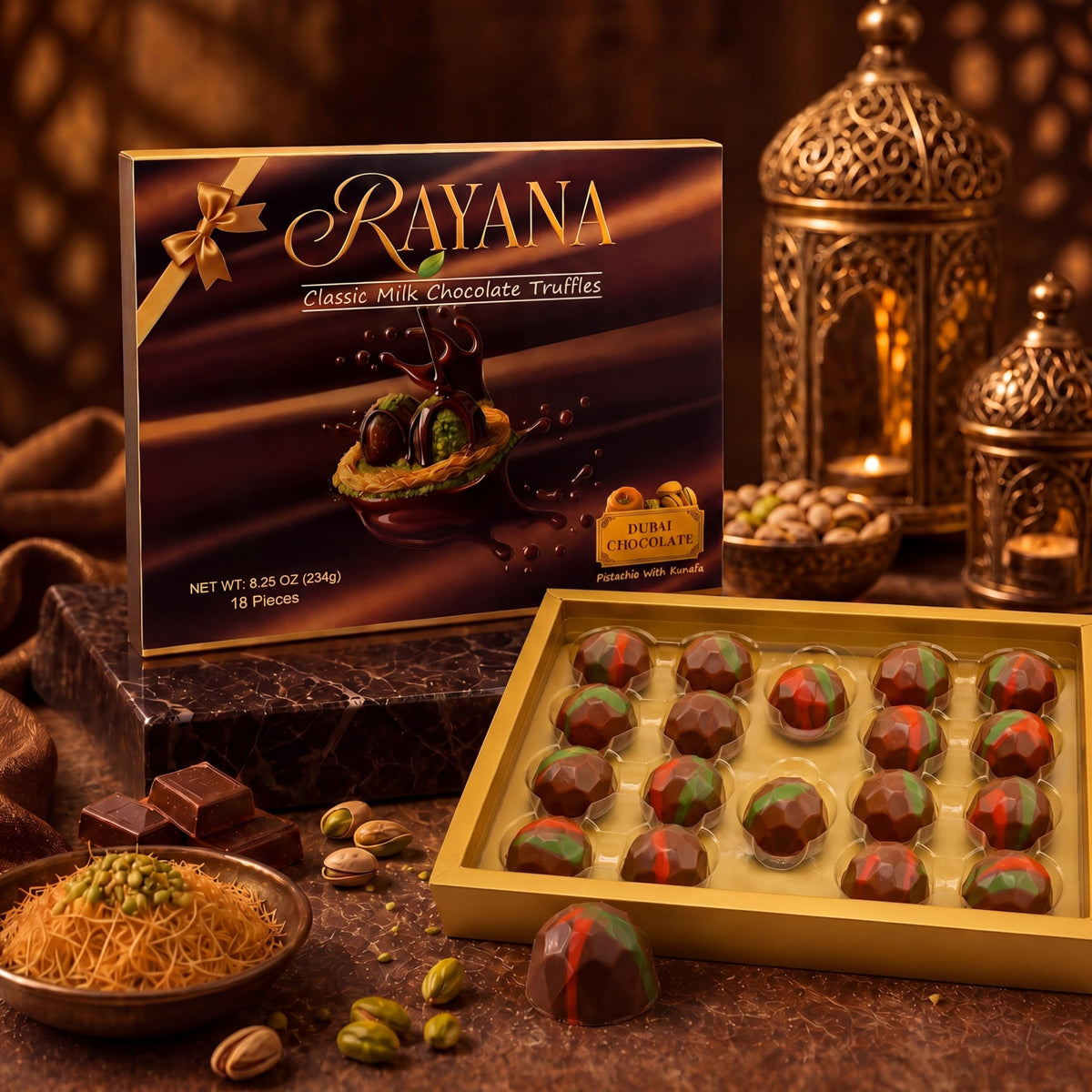 Rayana Dubai Milk Chocolate Truffles Gift Box, Cranchy Pistachio with Kunafa, Premium, 18 Piece, 8.25 oz