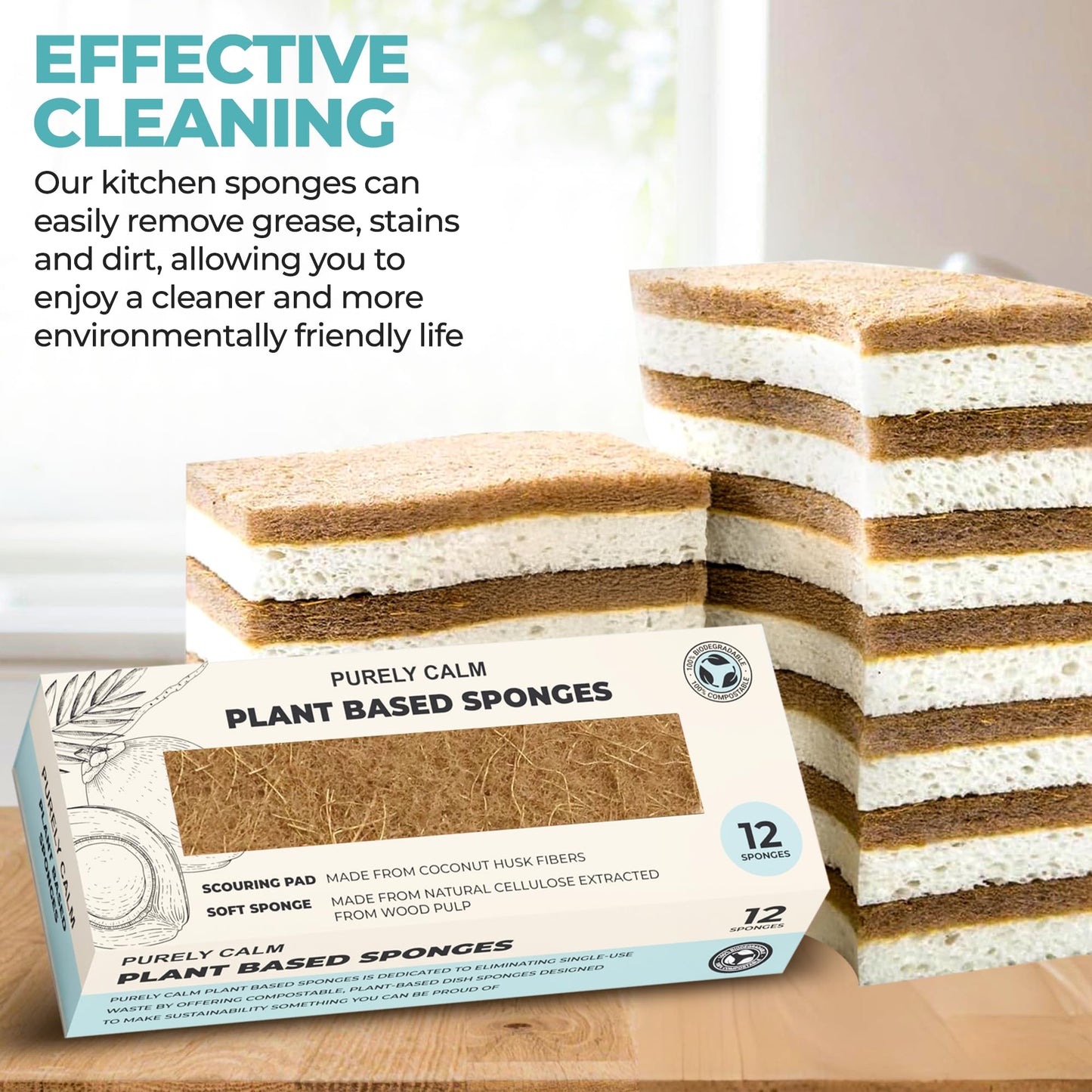 Purely Calm Plant Based Natural Sponge - Pack of 12 Cellulose Sponges, Safe on Non-Stick Cookware, Dual Sided Dish Sponge for Washing Dishes, Kitchen