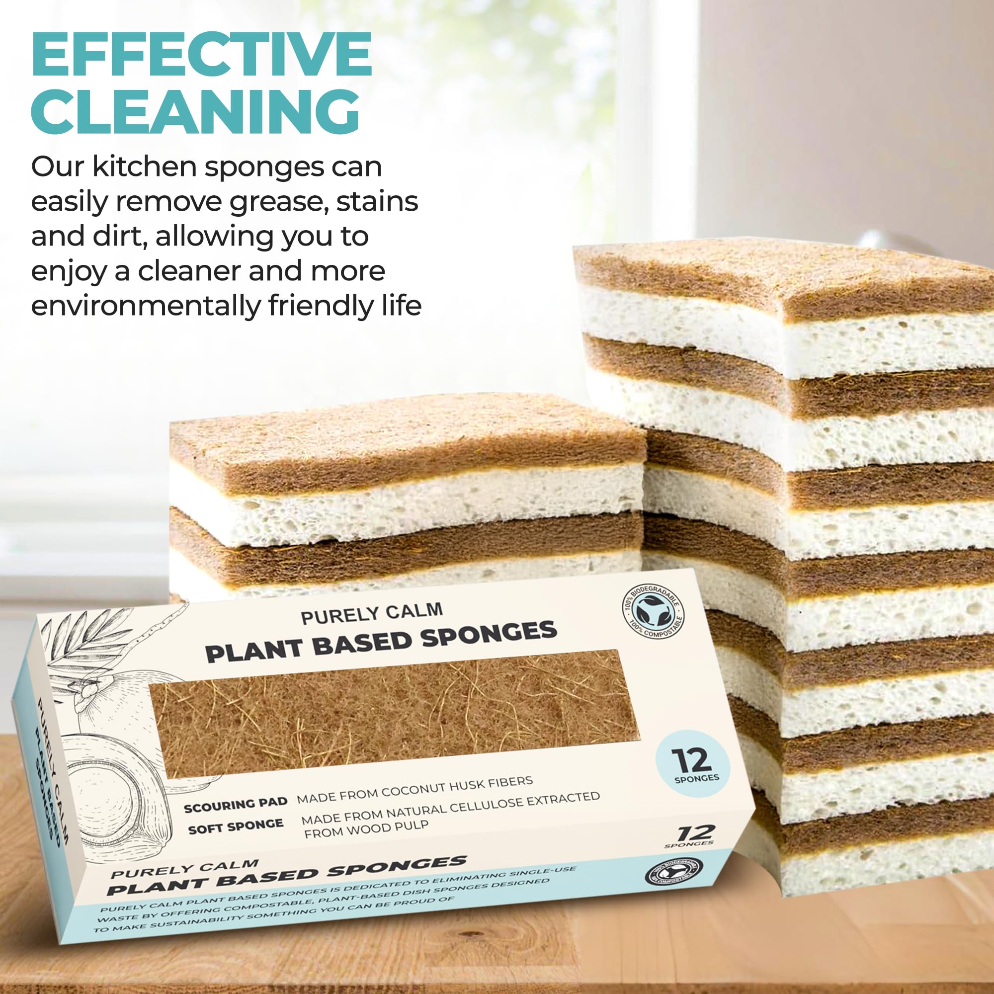 Purely Calm Plant Based Natural Sponge - Pack of 12 Cellulose Sponges, Safe on Non-Stick Cookware, Dual Sided Dish Sponge for Washing Dishes, Kitchen