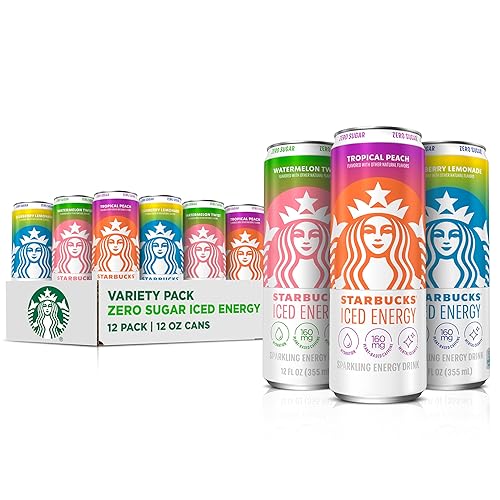 Starbucks Iced Energy Drink, 3 Flavor Variety Pack (Tropical Peach, Watermelon Splash, Blueberry Lemonade), Zero Sugar Energy Drink, Plant Based