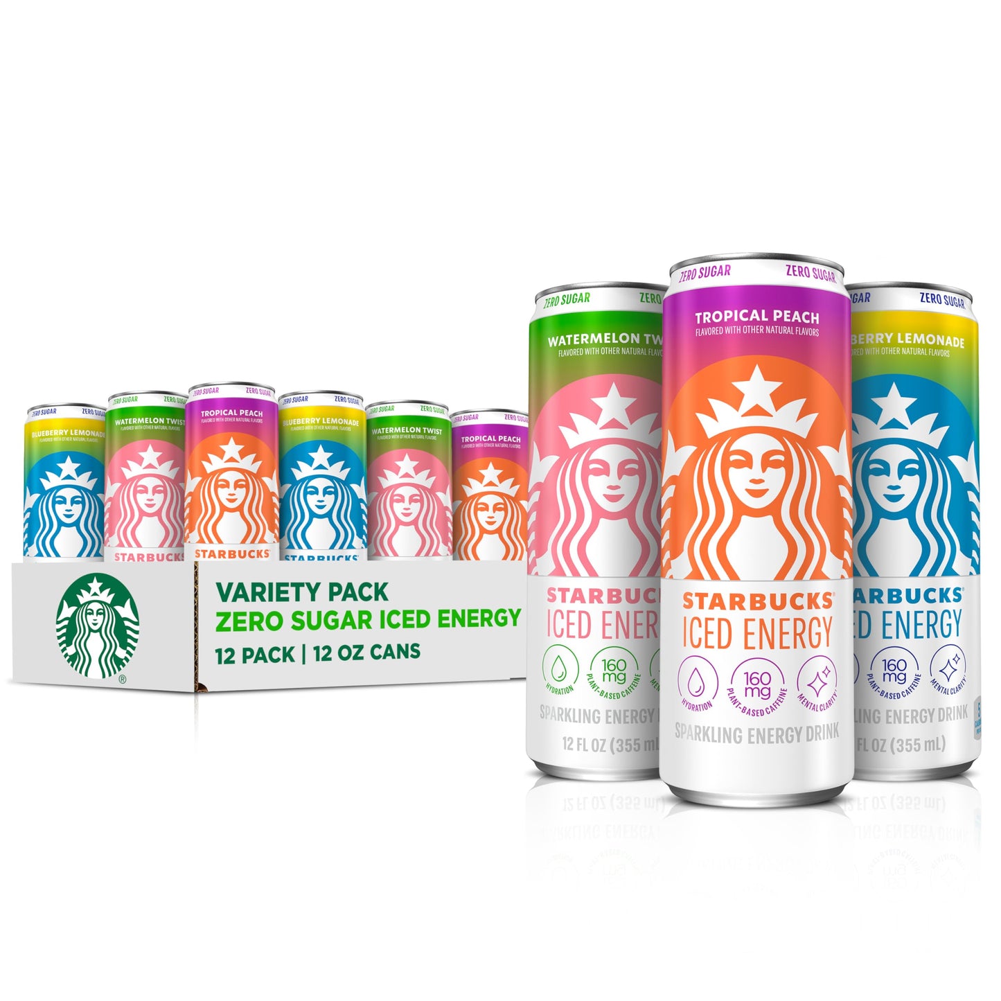 Starbucks Iced Energy Drink, 3 Flavor Variety Pack (Tropical Peach, Watermelon Splash, Blueberry Lemonade), Zero Sugar Energy Drink, Plant Based