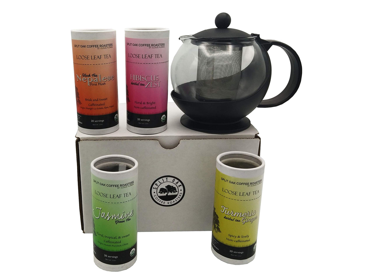 Tea Gift Set + 1 Tea Pot Infused Tea Set. The Unforgettable Gift for Tea Lovers! Contain 4 Assorted Teas: Ginger Turmeric Herbal, Black Tea, Green