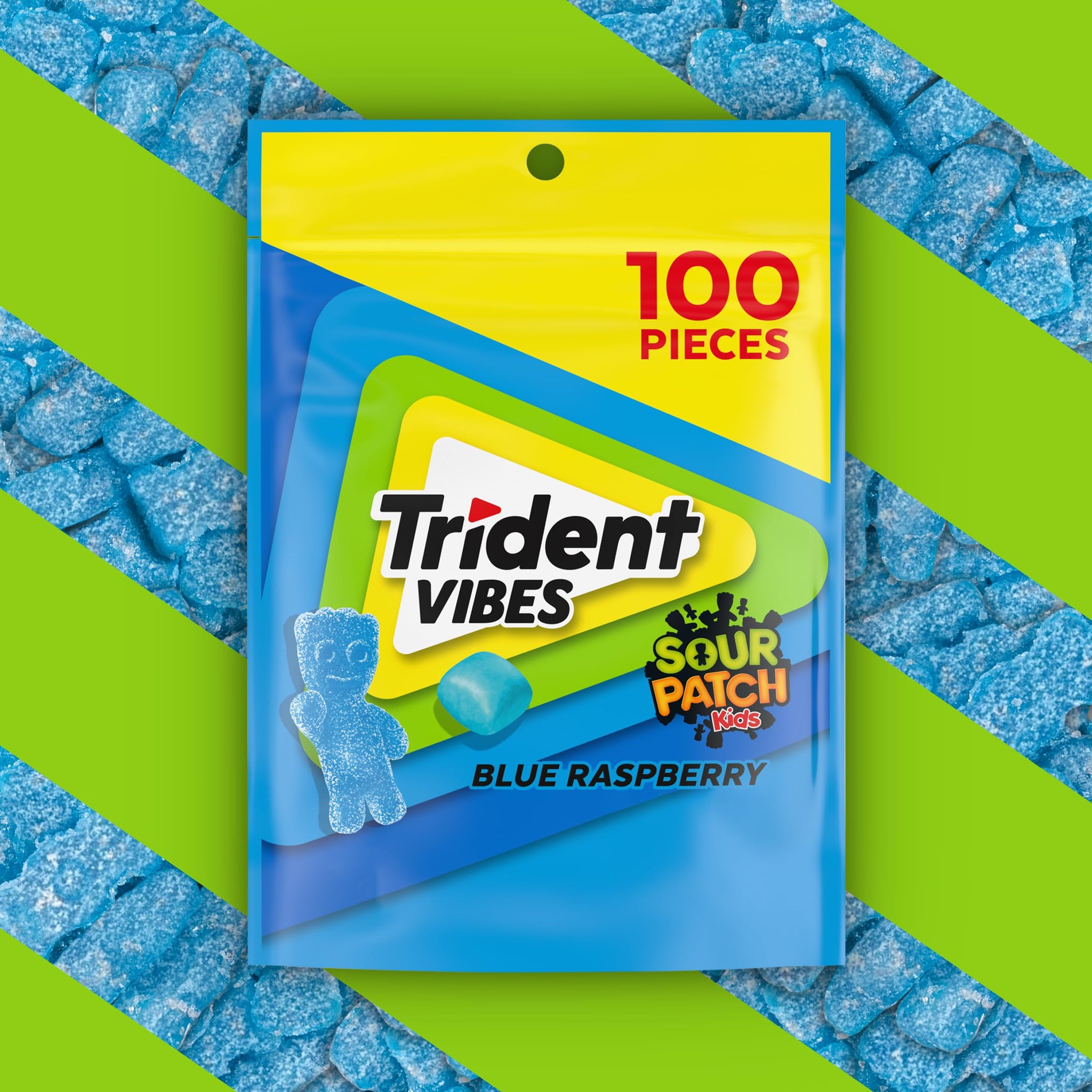 Trident Vibes SOUR PATCH KIDS Blue Raspberry Sugar Free Gum, Resealable Pouch, Pack of 1 (100 Pieces)