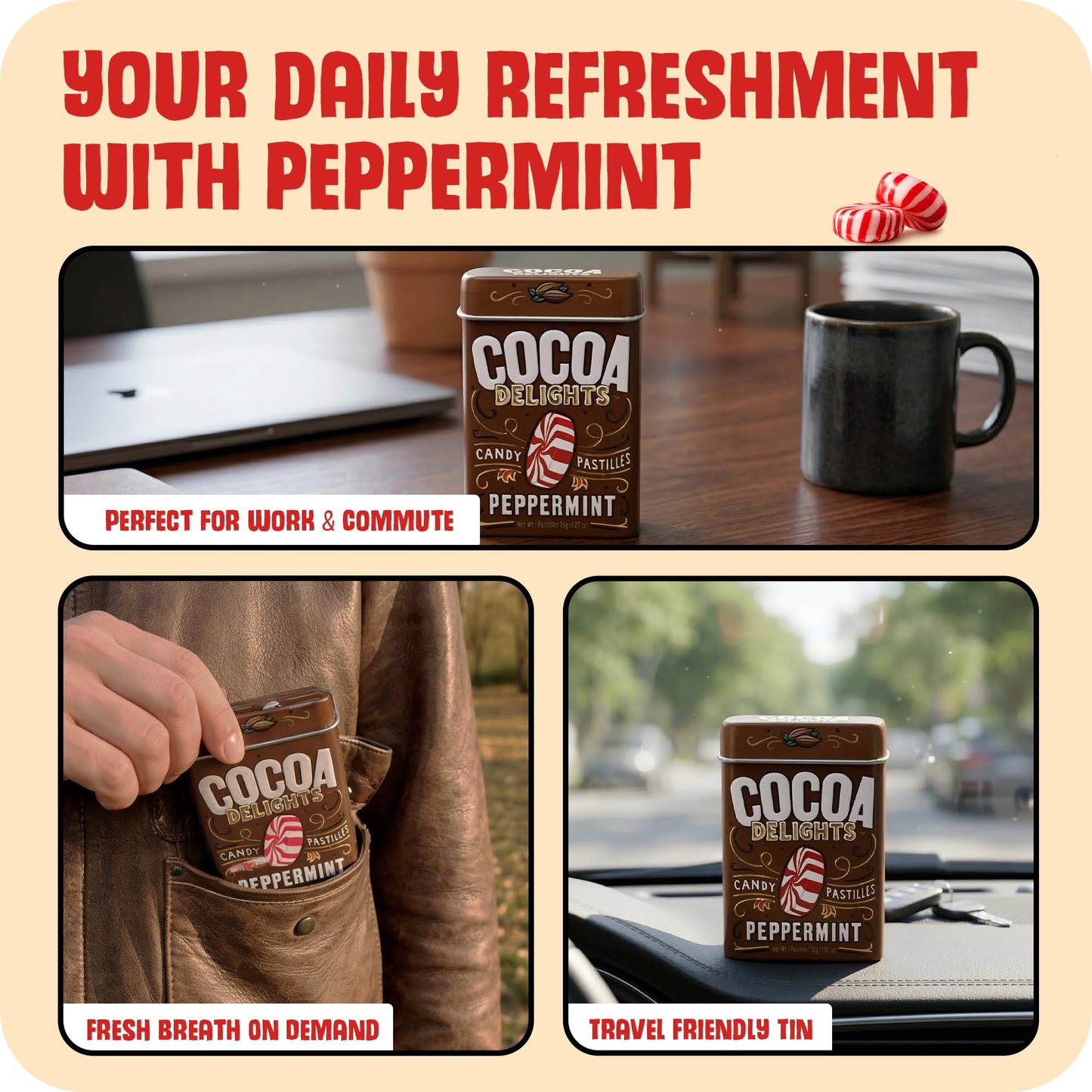 Cocoa Delights Chocolate Peppermint Candy Pastilles - 30 Count Tin (Pack of 12) | Vegan, Gluten Free & Kosher Certified | Travel Size Bulk Candy Tins