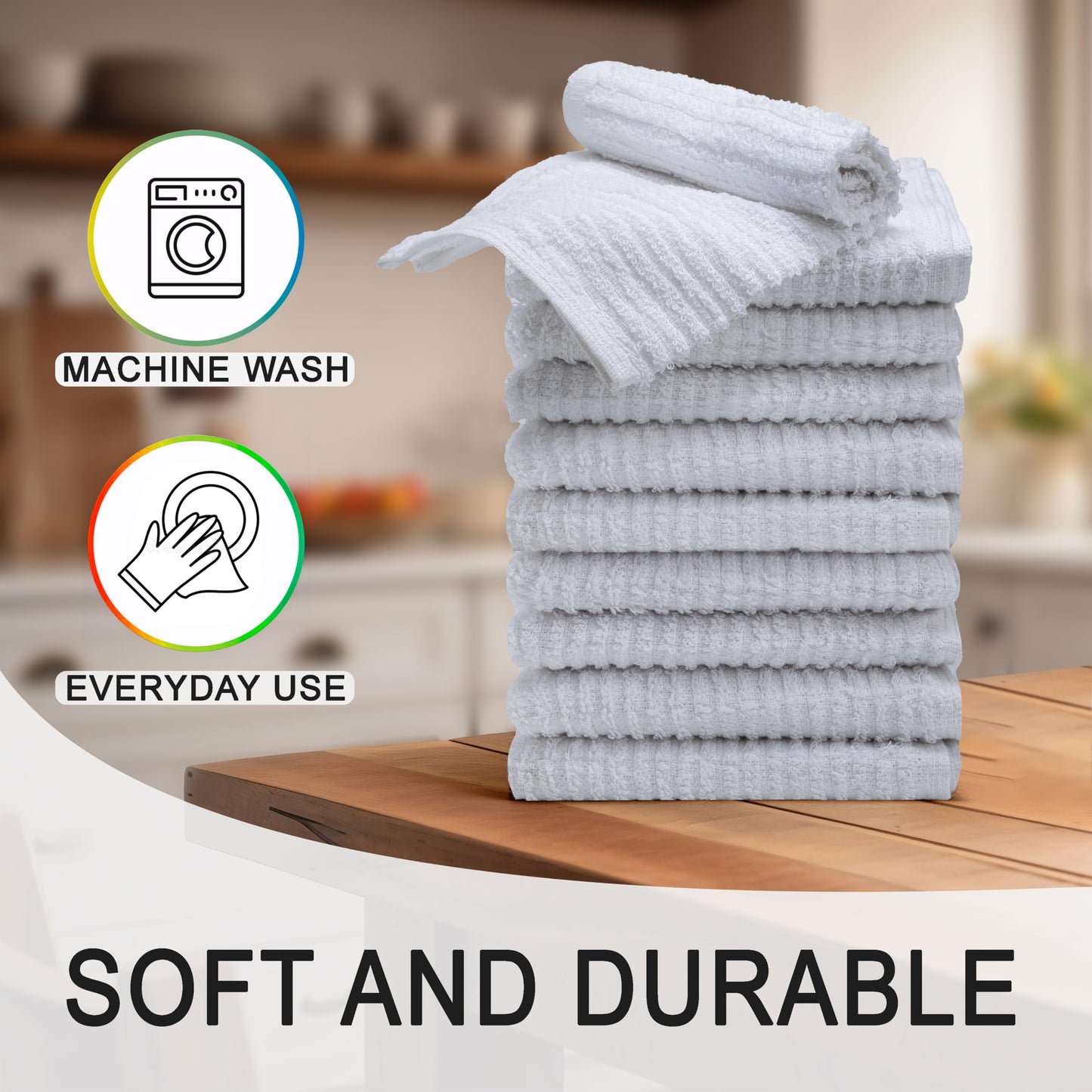 Textila Bar Mop Towels - 12x12 Inches - Pack of 10 - White - Cotton Dish Cloths & Cleaning Towels for Kitchen, Bar, Restaurant, Household Use
