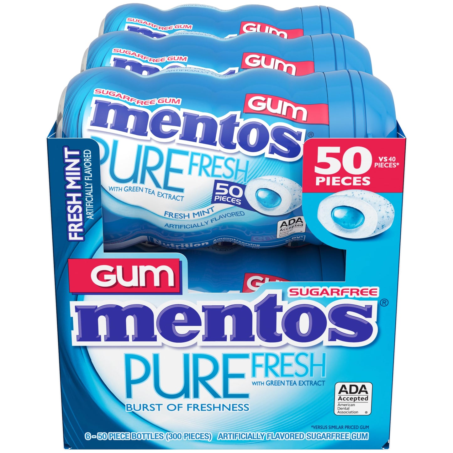 Mentos Pure Fresh Sugar-Free Chewing Gum with Xylitol, Fresh Mint, 50 Count (Pack of 6)