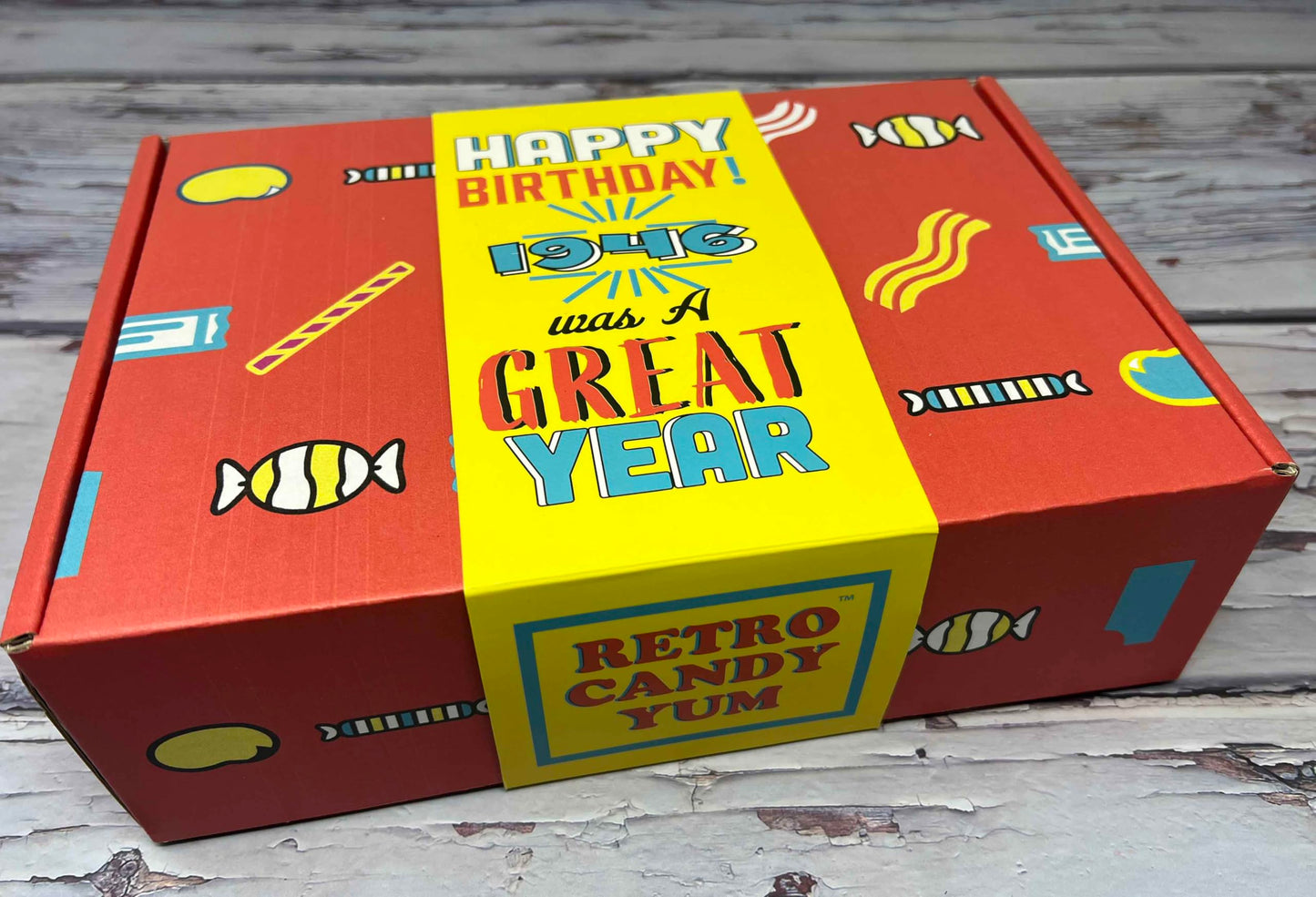 1946 Retro Childhood Candy Gift Basket Box Assortment for 80th Birthday Man or Woman Jr