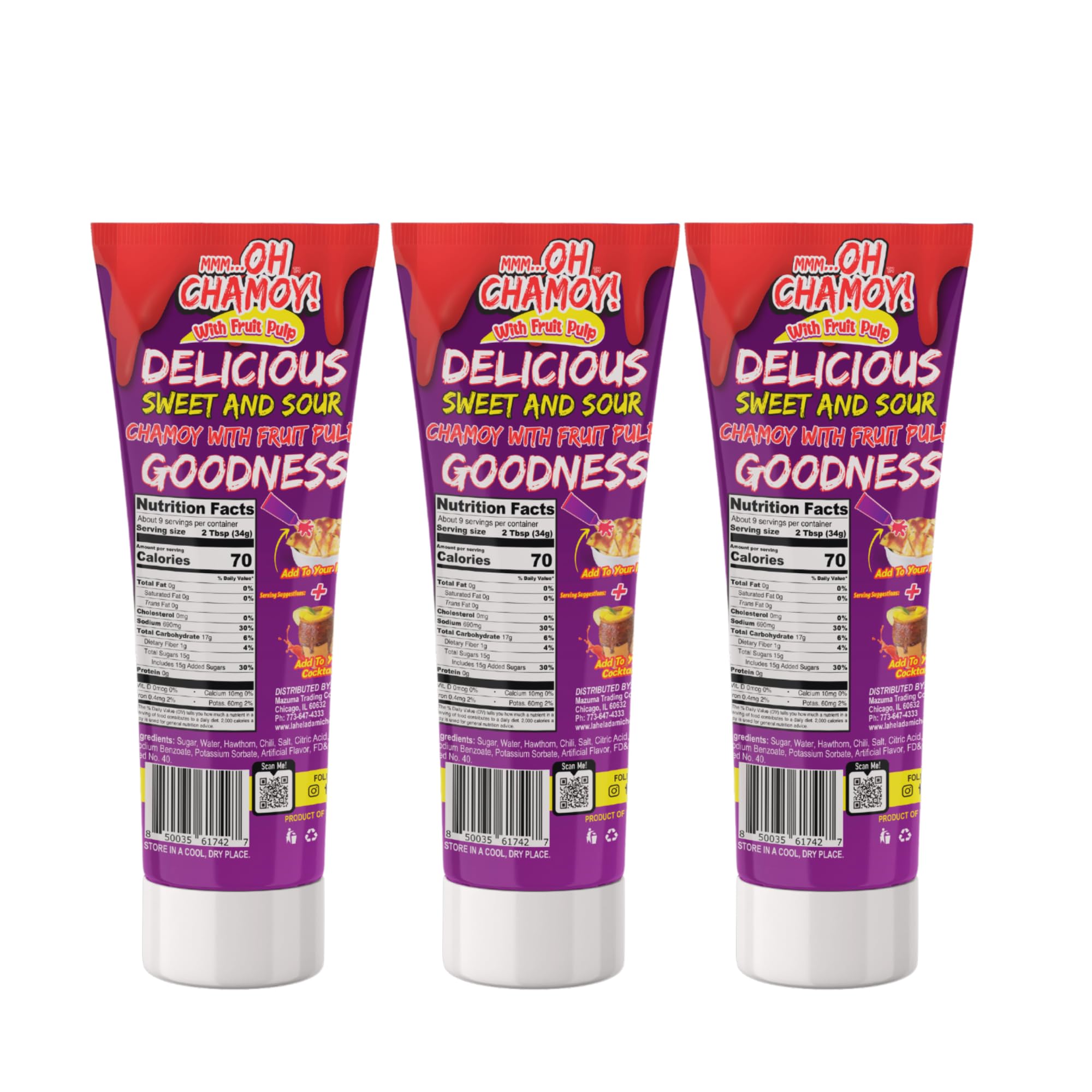 La Helada Oh Chamoy! - 3 Pack - Chamoy Sauce with Fruit Pulp - Sweet & Spicy Mexican Condiment - Squeeze Tube - Chamoy for Fruits and Snacks
