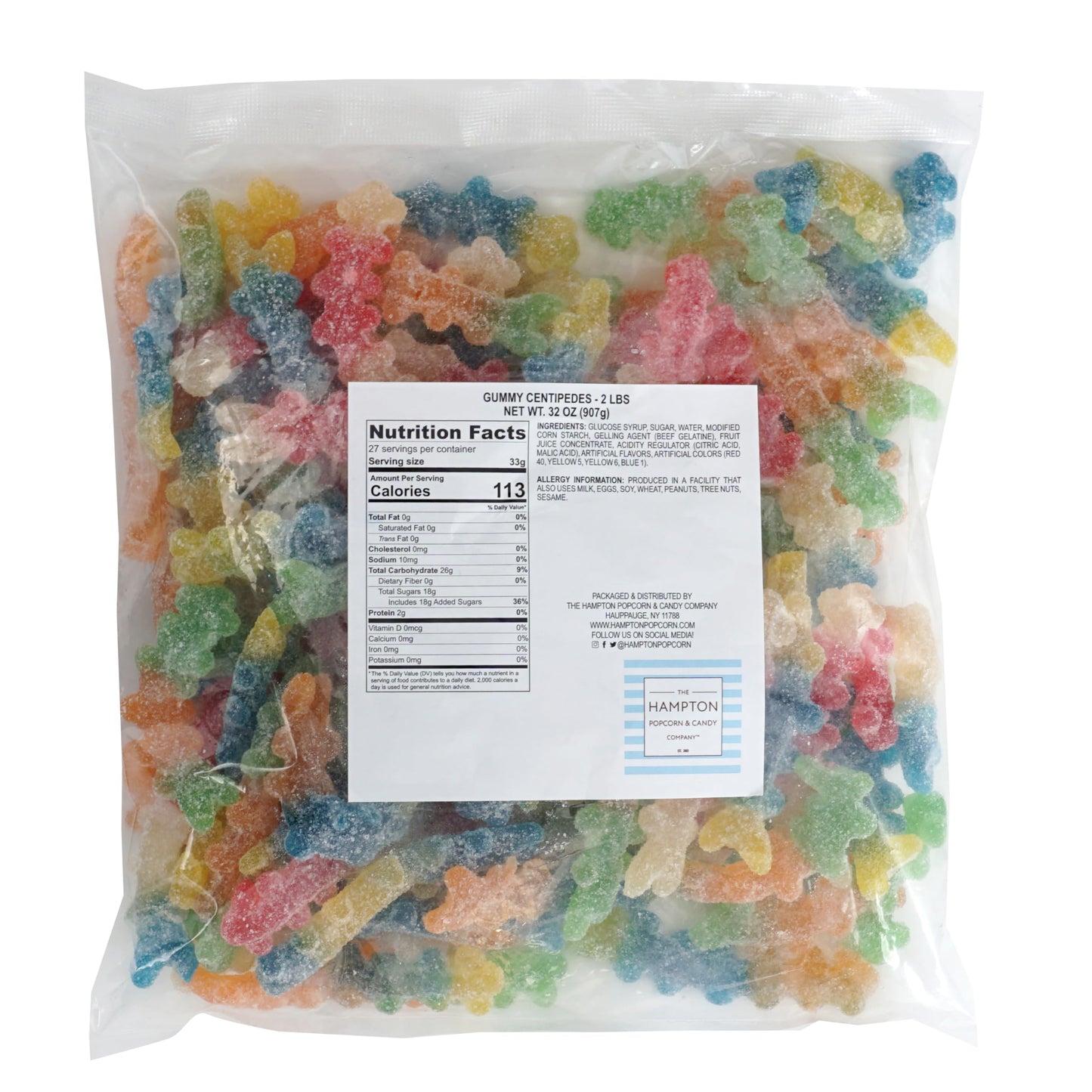 Halloween Sour Gummy Centipedes, 2 Pound Bulk Bag, Blue Raspberry Flavored, Trick-Or-Treat Party Bag Fillers, Halloween Gummies