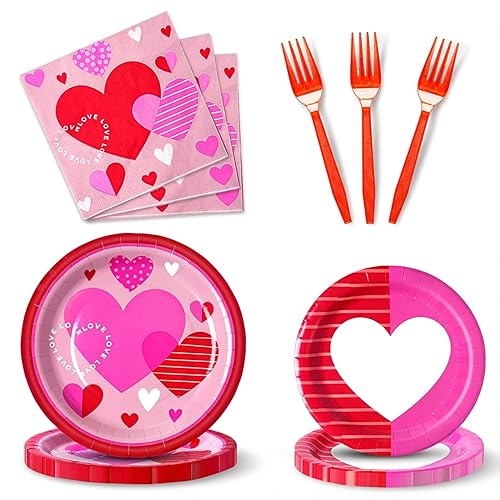 Dereinwo 100PCS Valentines Day Paper Plates and Napkins, Disposable Party Supplies for Valentine's Day Party Decorations, Valentine's Textures Design