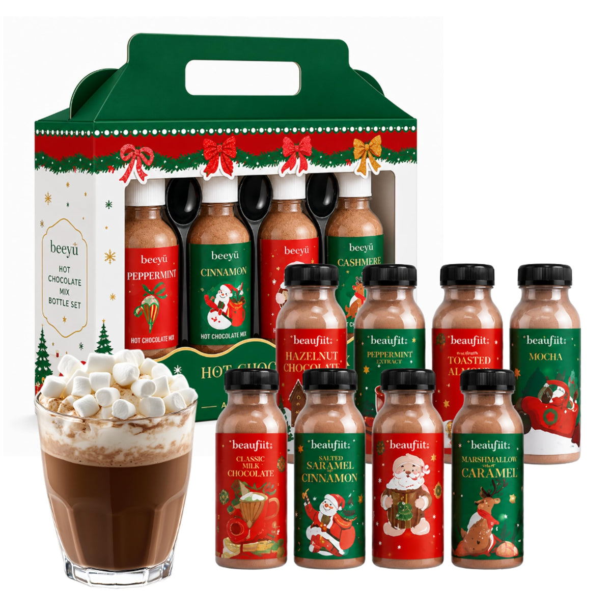 Hot Chocolate Gift Set - Box of 8 Instant Hot Chocolate Bottles 8 Flavours Multipack 320g