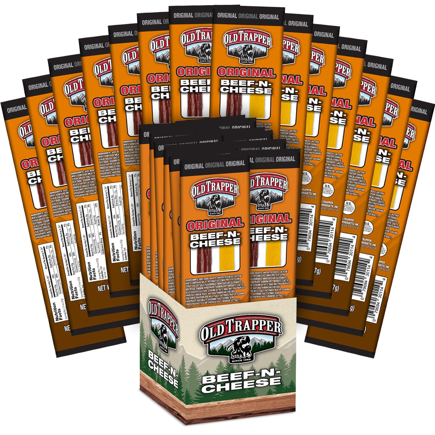 Old Trapper Beef-N-Cheese, Original 1.3-Ounce Individual Package, Savory Beef Stick and American Cheese Snack Pack, Great Snack for Lunch Boxes or