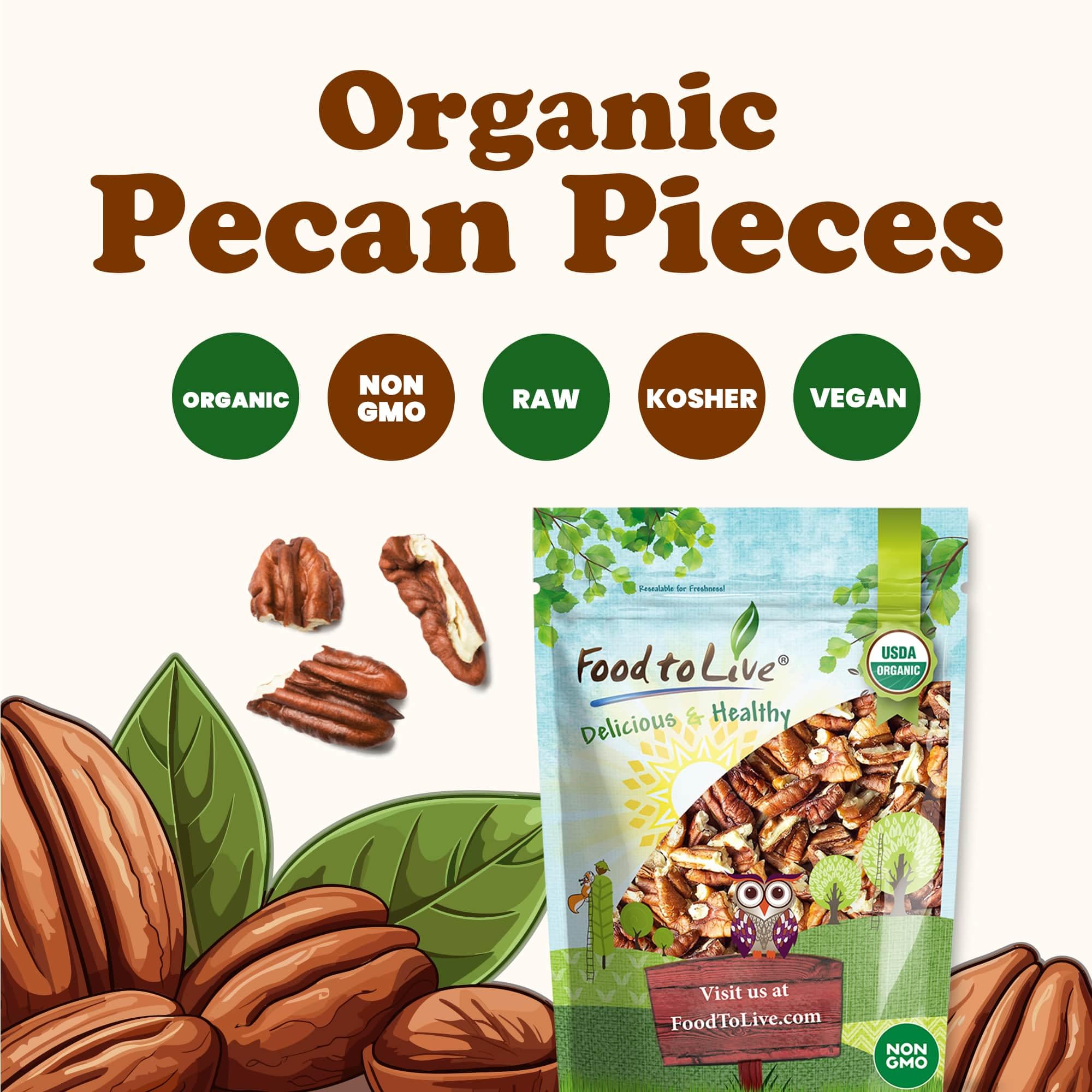Food to Live Organic Pecan Pieces, 6 Pounds - Raw, Chopped Pecans, Non-GMO, Unsalted, Unroasted, Kosher, Shelled, Vegan, Keto, Sirtfood, Bulk. Good