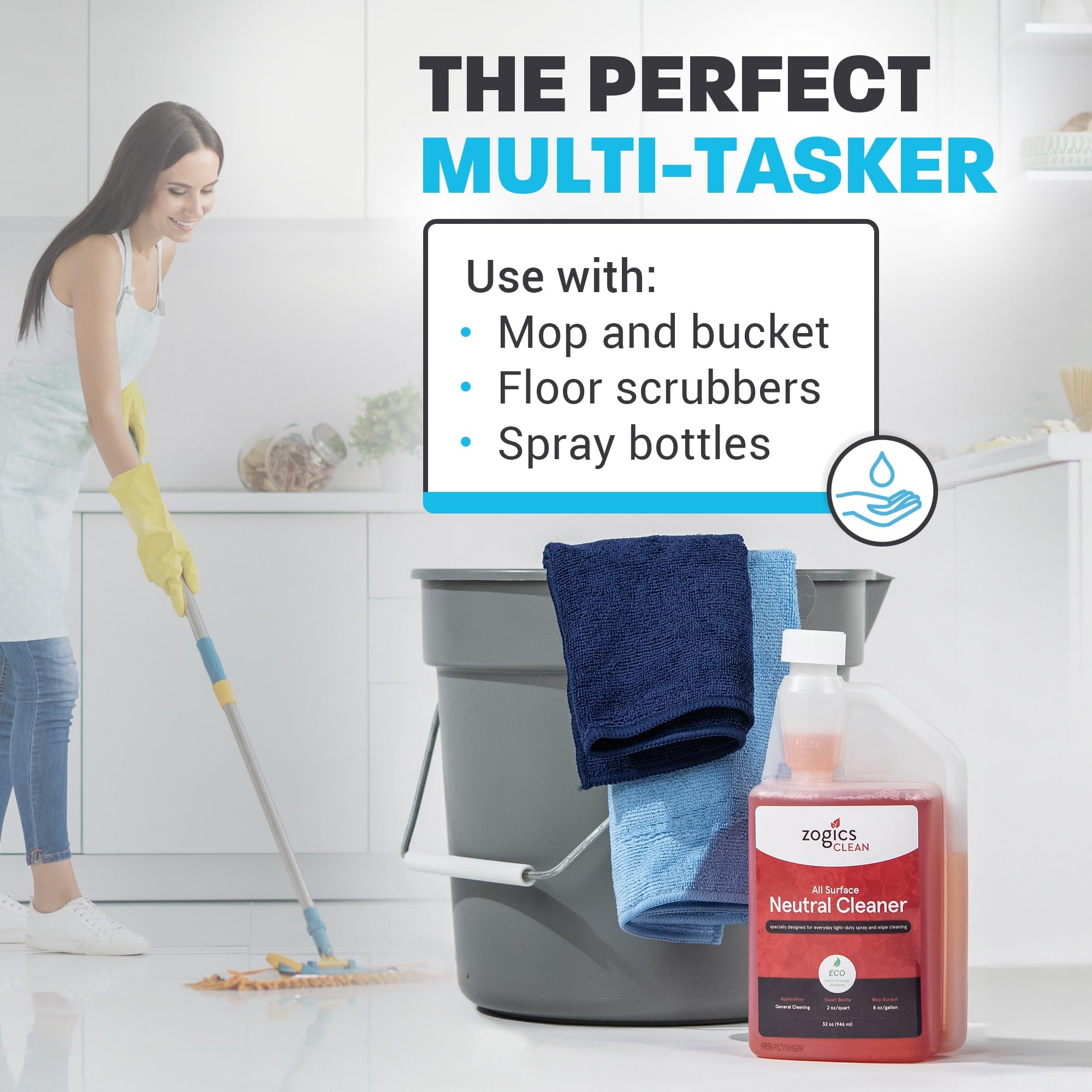 Zogics All Surface Neutral Cleaner - Floor Cleaner Solution with a Low Toxicity Formula and Neutral pH for All Surfaces, Each Bottle Makes up to 16