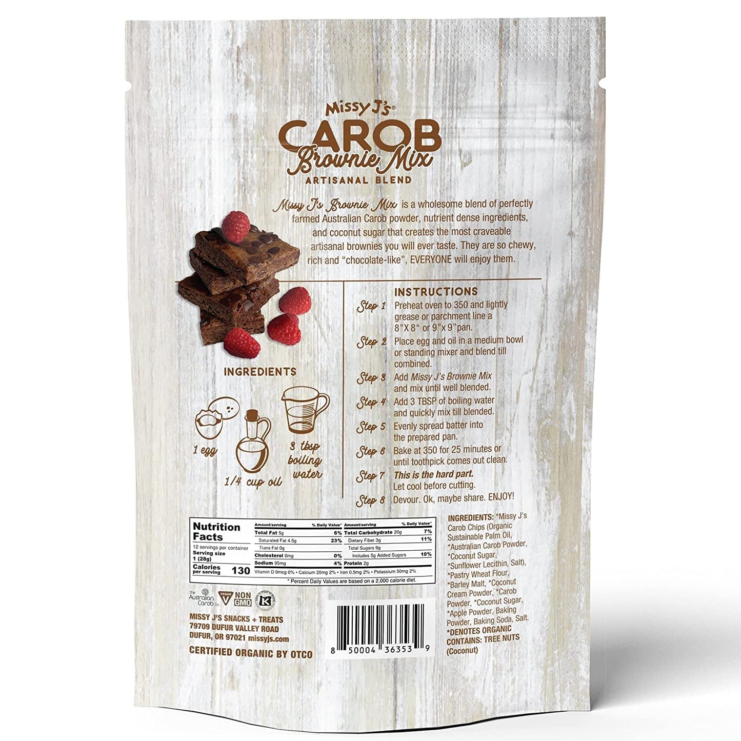 Missy J's Organic Carob Brownie Mix 12 Oz 1 Pack | Carob Made w/Coconut Sugar, Vegan and Dairy Free | Healthy Caffeine Free Substitute for Chocolate, Perfect Chewy Dessert