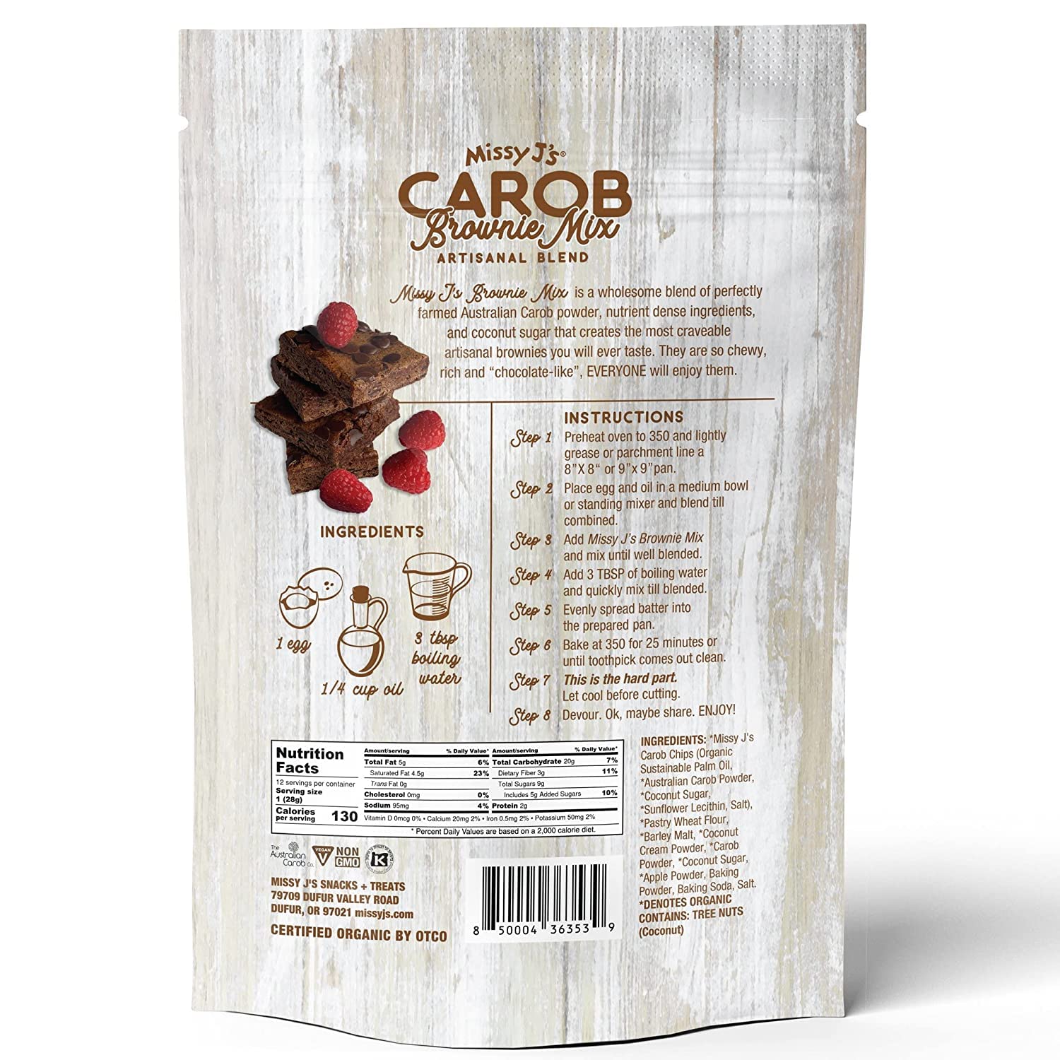 Missy J's Organic Carob Brownie Mix 12 Oz 1 Pack | Carob Made w/Coconut Sugar, Vegan and Dairy Free | Healthy Caffeine Free Substitute for Chocolate, Perfect Chewy Dessert