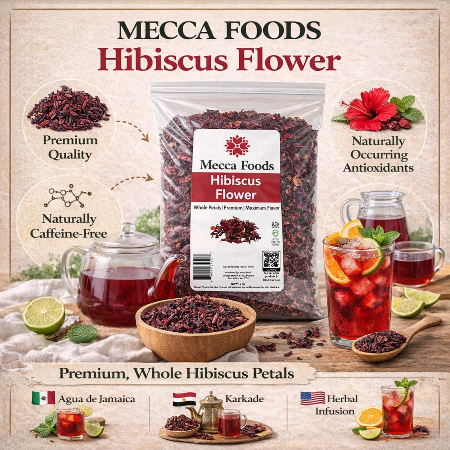 2lb Dried Whole Hibiscus Flowers and Petals, Flor de Jamaica, Sorrel Flower, Zobo Flower perfect for Tea and Mexican Agua Fresca by Mecca Foods |