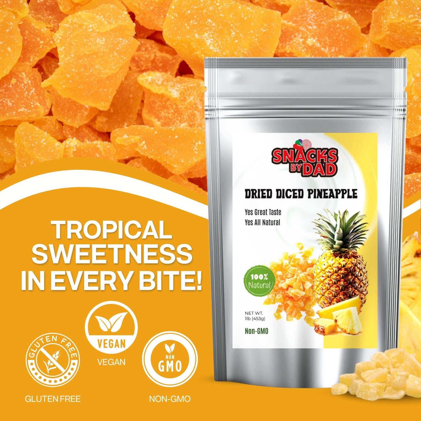 Snacks by Dad Sweetened Dried Diced Pineapple (1 lb) - Bite-Size Chewy Pineapple Pieces for Snacking, Baking, Granola & Trail Mix