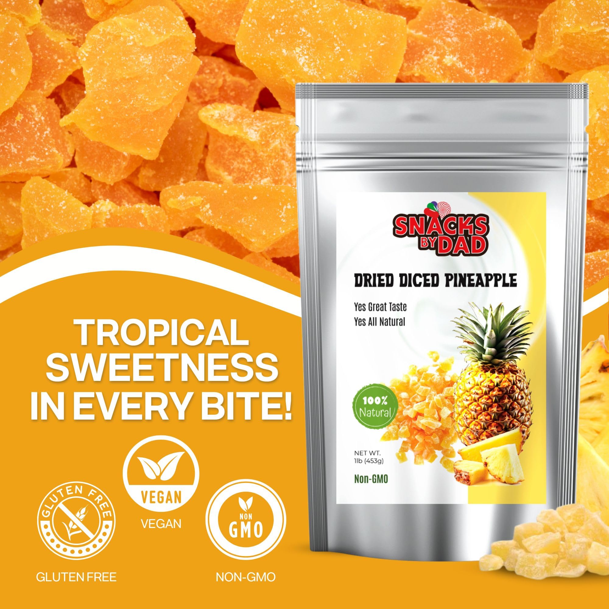 Snacks by Dad Sweetened Dried Diced Pineapple (1 lb) - Bite-Size Chewy Pineapple Pieces for Snacking, Baking, Granola & Trail Mix