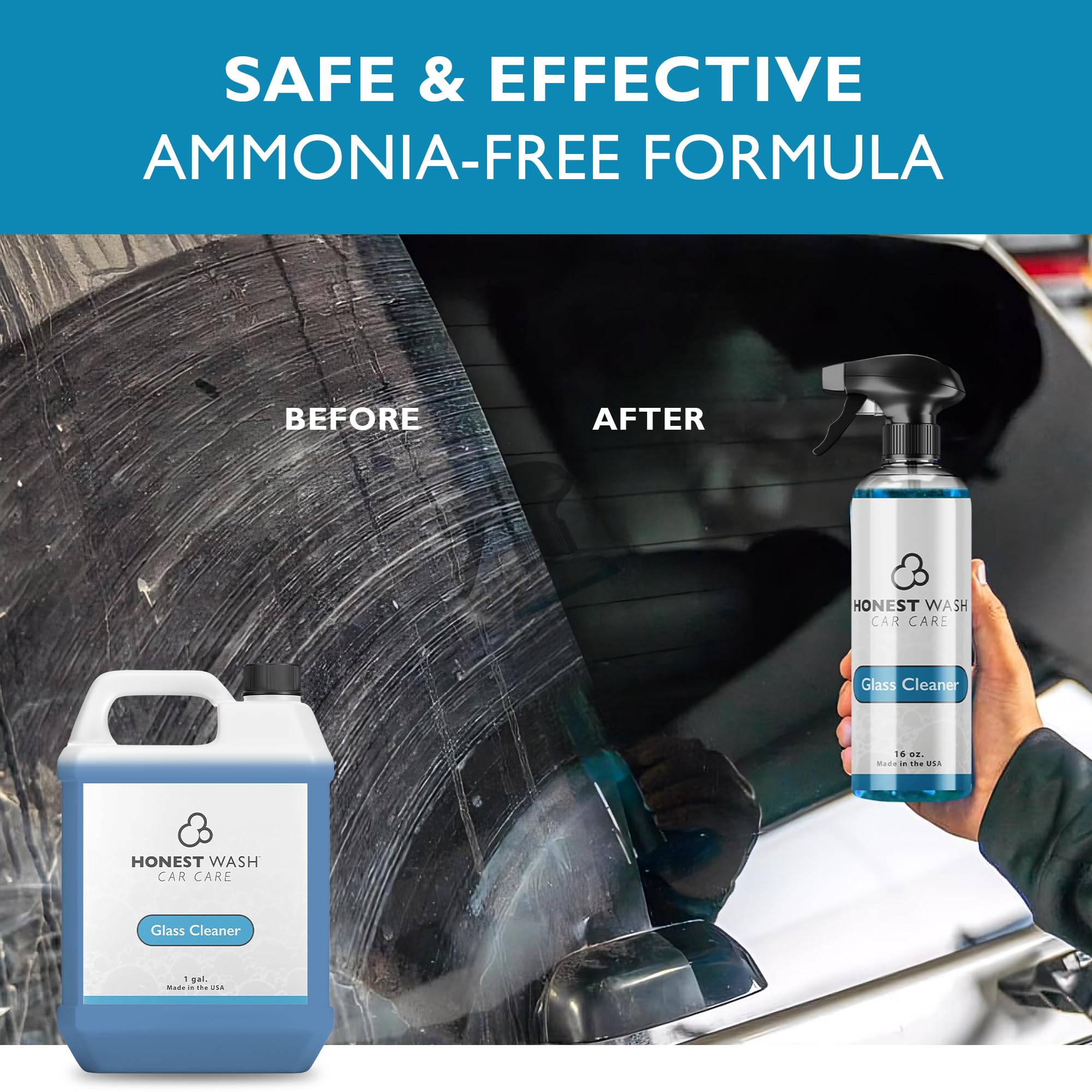 Honest Wash Car Glass Cleaner - Ammonia-Free Streak-Free Formula for Glass, Mirrors, Windshields, & Hard Surfaces | Safe for Plastic, Stainless Steel