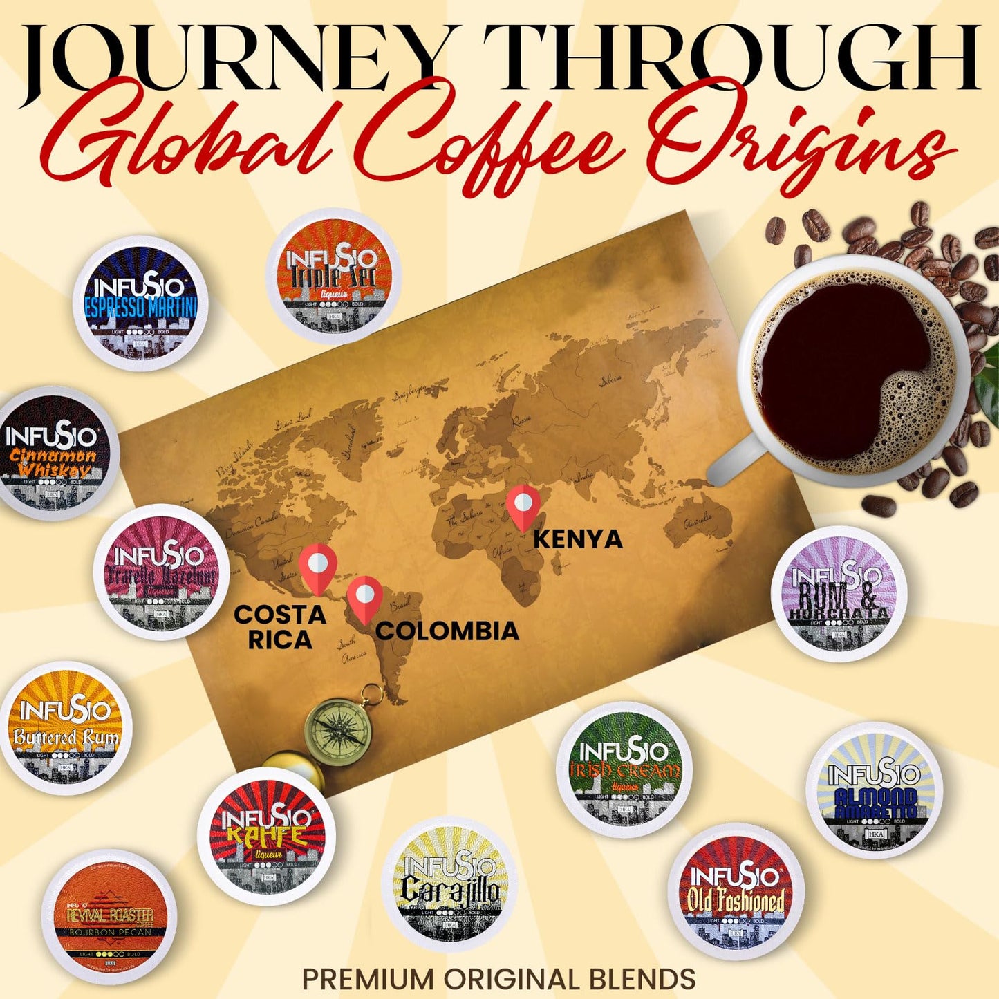 InfuSio Coffee Pods 96 Count Carajillo Flavored Medium Roast Single serve Coffee pods for Keurig K Cups Brewers - InfuSio Premium Roasted Keurig 2.0