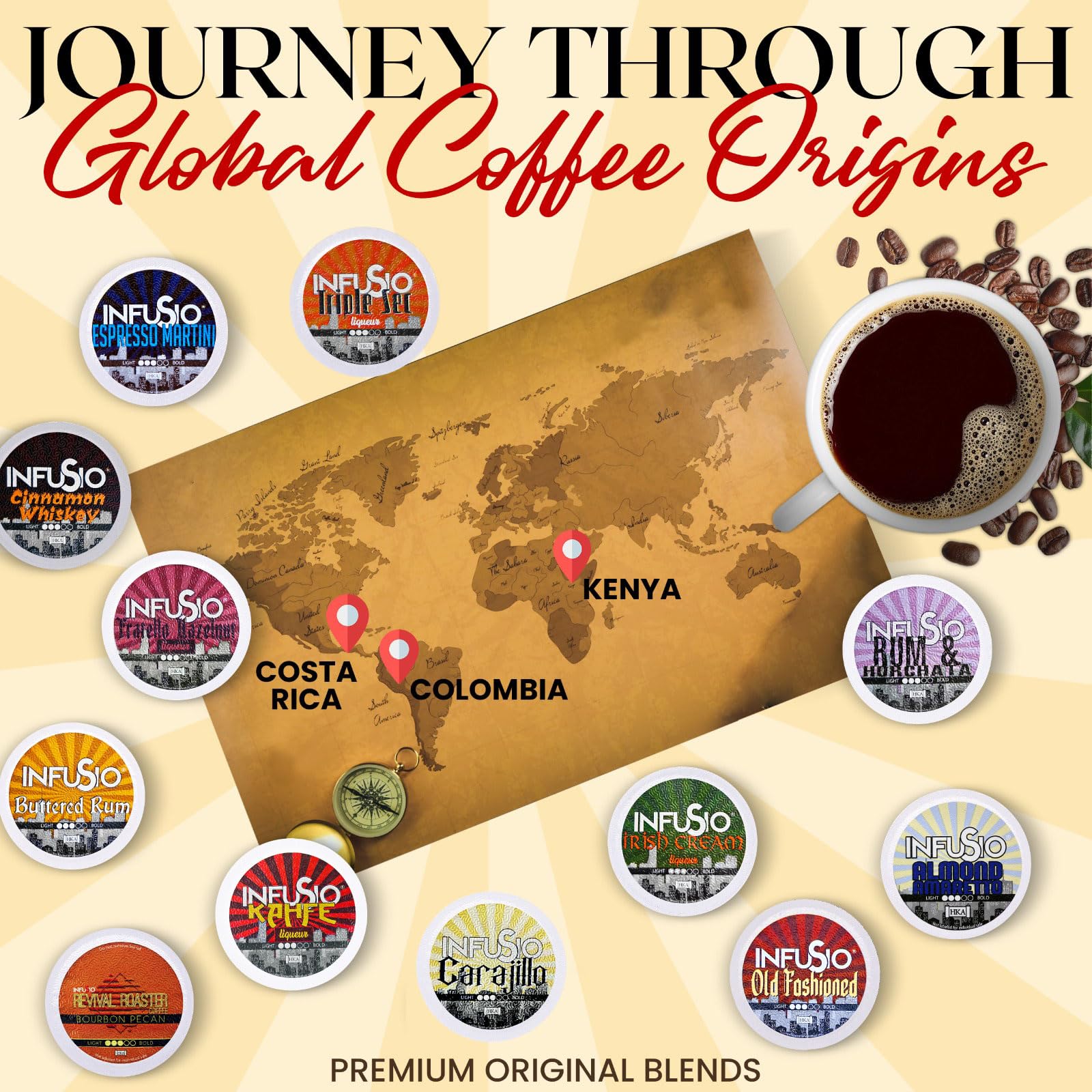 InfuSio Coffee Pods 96 Count Carajillo Flavored Medium Roast Single serve Coffee pods for Keurig K Cups Brewers - InfuSio Premium Roasted Keurig 2.0