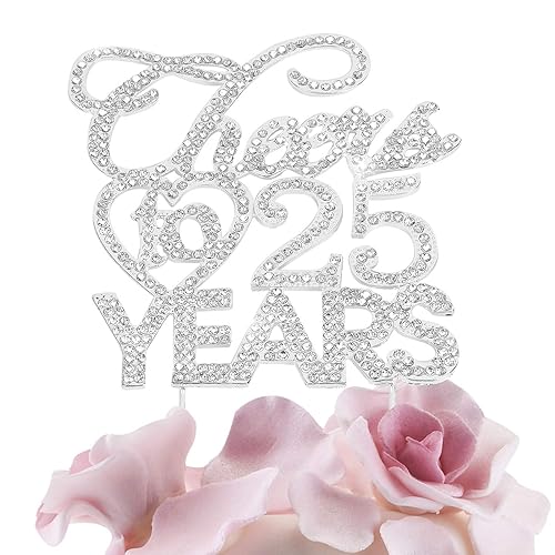 Bling Crystal Cheers To 25 Years Cake Topper - Best Keepsake 25th Birthday Or Anniversary Decor Party Decorations Silver