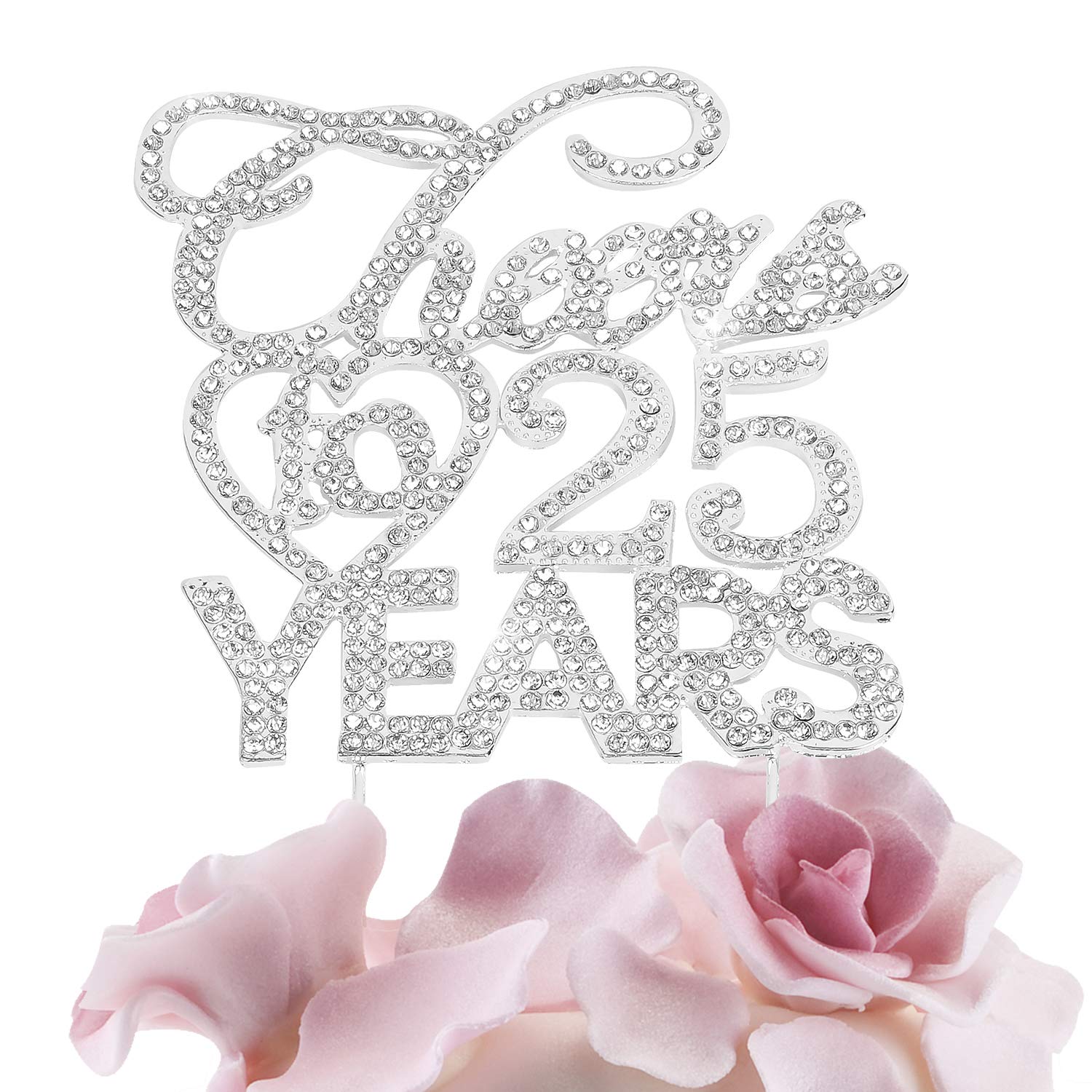 Bling Crystal Cheers To 25 Years Cake Topper - Best Keepsake 25th Birthday Or Anniversary Decor Party Decorations Silver