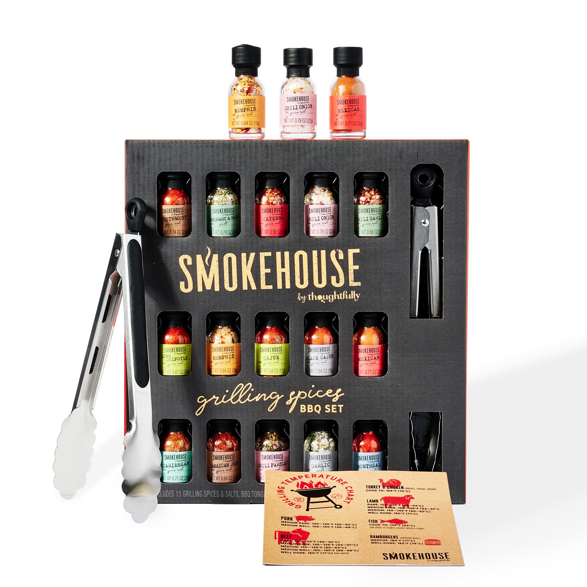 Smokehouse by Thoughtfully, Grilling Spices BBQ Set, Includes BBQ Tongs, Magnet and 15 Flavorful Seasoning and Rubs - Great Gift for Holiday, Men