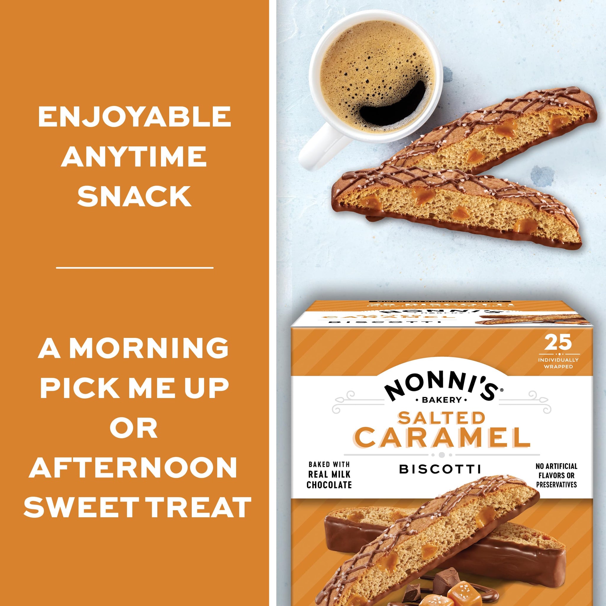 Nonni's Bakery Salted Caramel Biscotti Cookies, Individually Wrapped Coffee and Tea Biscuit Snack, 21 oz, 25 Count