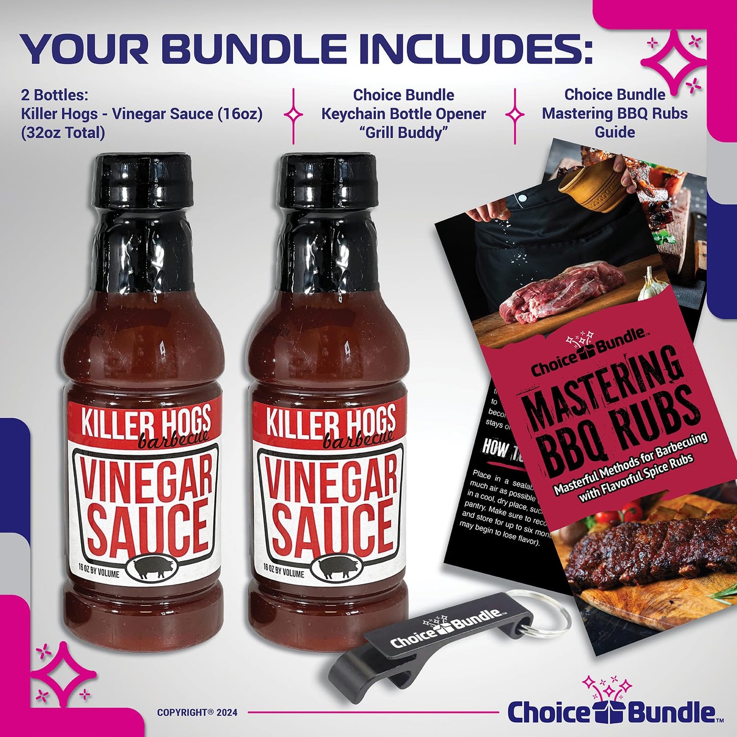 Killer Hogs Vinegar Sauce BBQ 2 pk (32 oz) Great to Dip Toss Glaze & More + Barbecue Masters & Bottle Opener (4 Items)!